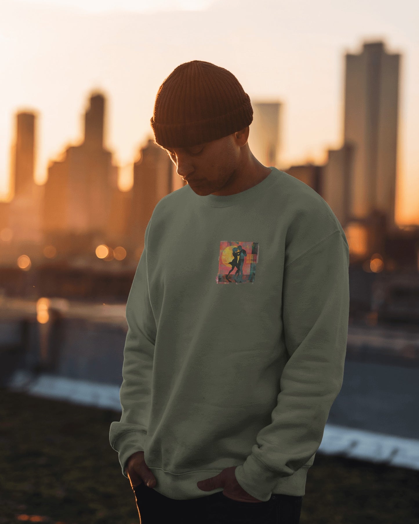 Sunset Romance Pocket Print Sweatshirt | Latin Dance Couple Silhouette | Salsa Bachata Jazz HipHop Lovers | White Crewneck | BailaFashion