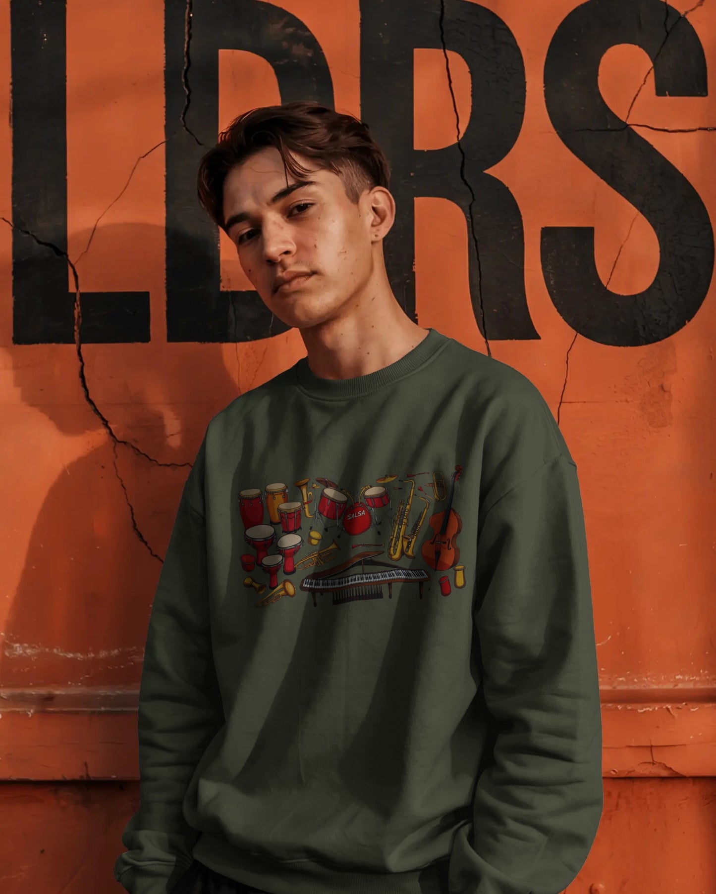 Salsa Orchestra Instruments Sweatshirt | Latin Music Band Art | Musician Dancer Gift | Vibrant Red Gold Design | Comfy Casual Couple Wear