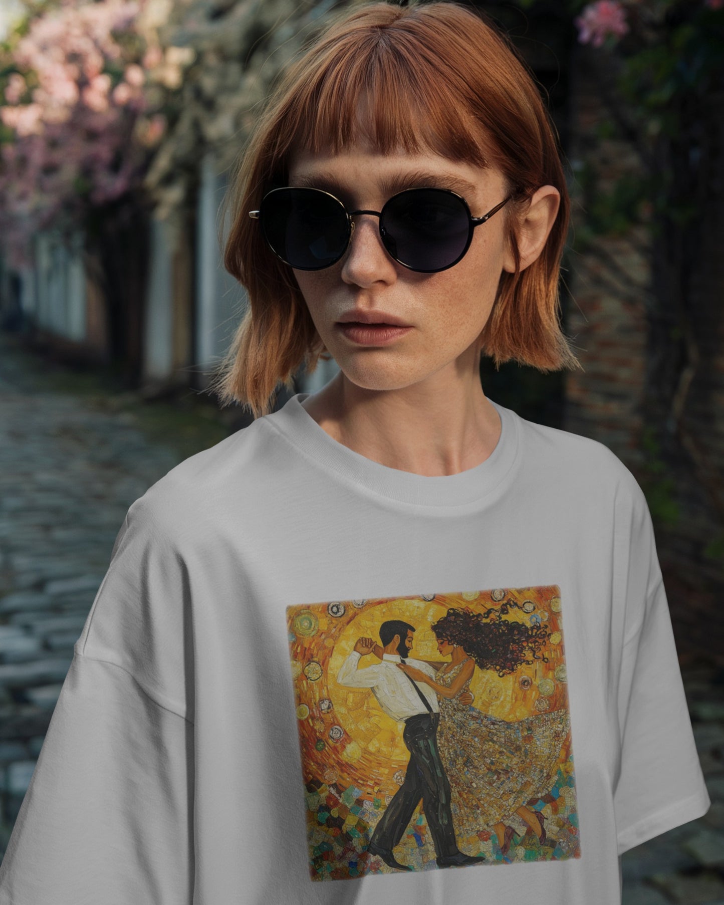 Golden Rhythms Art T-Shirt | Klimt-Inspired Latin Dance Art | Salsa Bachata Couple | Dance Lifestyle StreetWear | BailaFashion Casual Wear