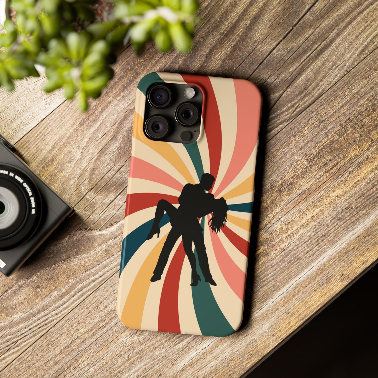 Dramatic Dip iPhone Case | Retro Swirl Background | Latin Dance Silhouettes | Vintage Dance Art | BailaFashion Dance Lifestyle