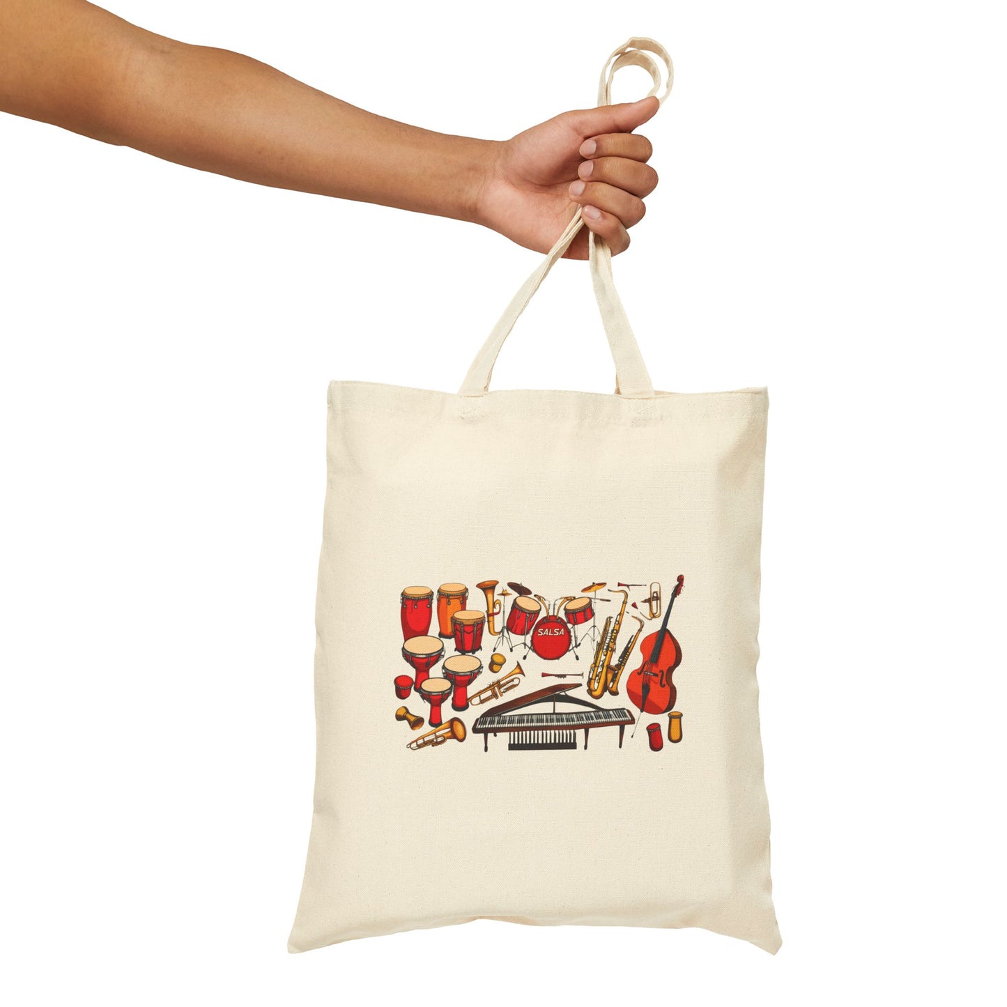 Salsa Orchestra Instruments Tote Bag | Latin Music Band Art | Musician Dancer Gift | Vibrant Red Gold Design | Cotton Canvas Tote Bag