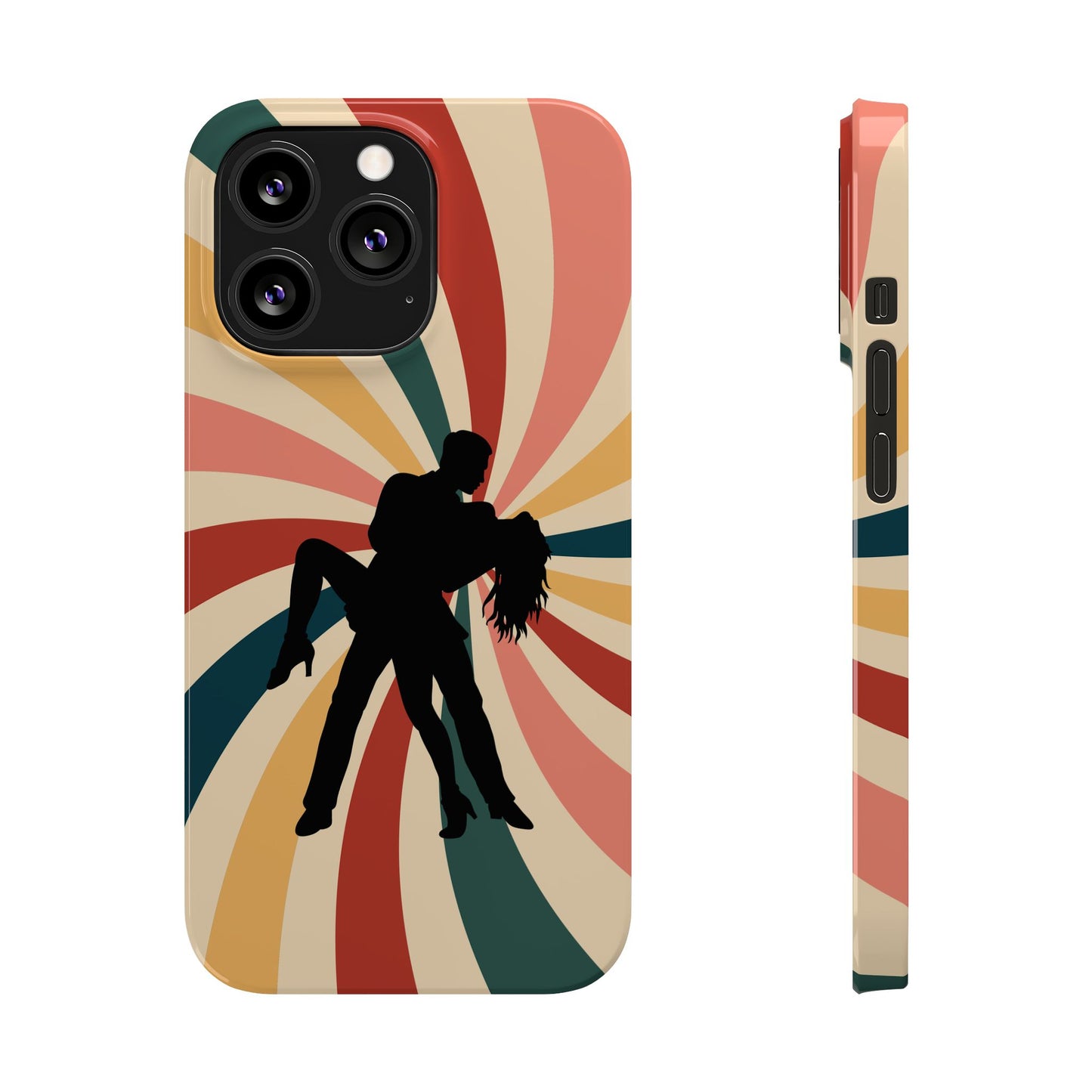 Dramatic Dip iPhone Case | Retro Swirl Background | Latin Dance Silhouettes | Vintage Dance Art | BailaFashion Dance Lifestyle