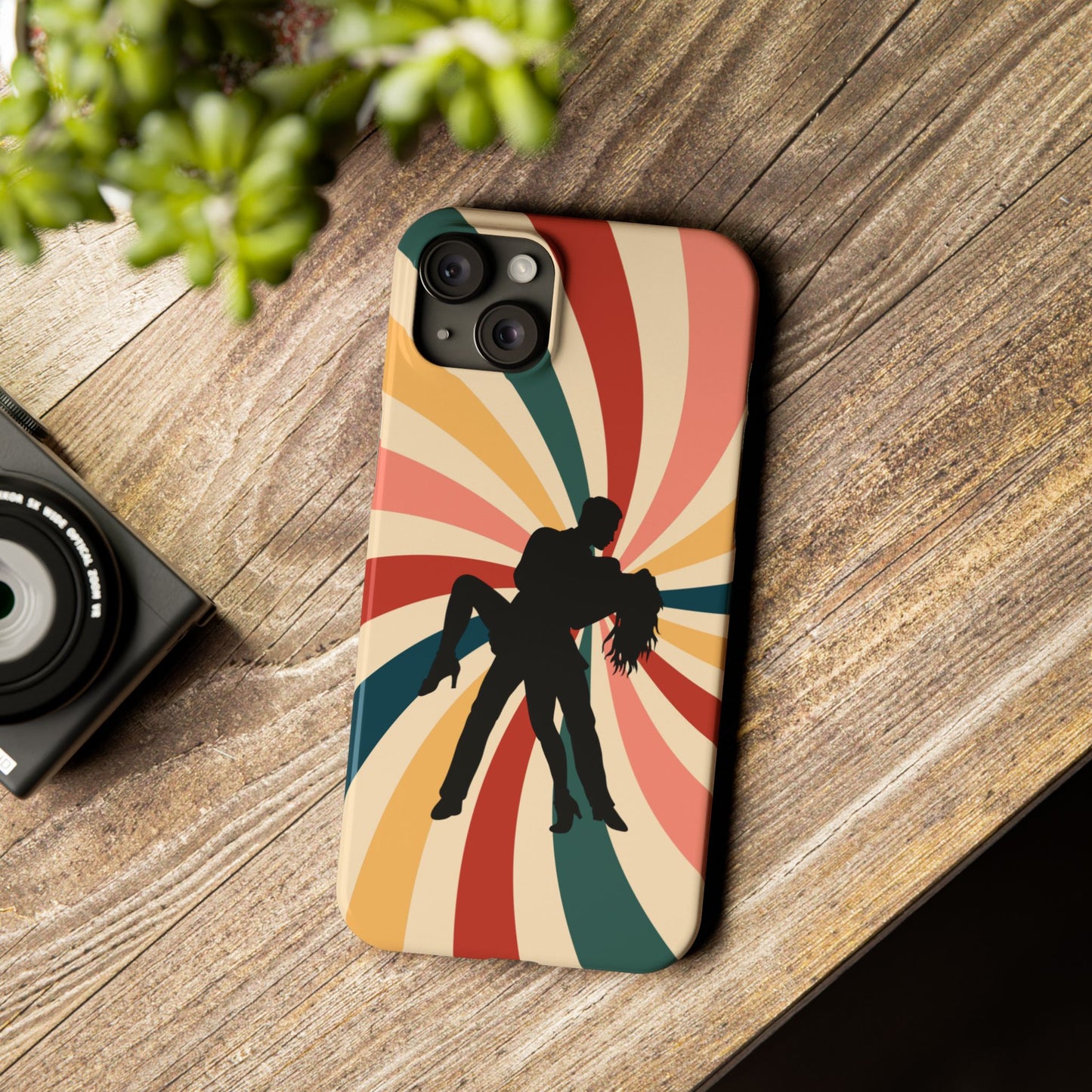 Dramatic Dip iPhone Case | Retro Swirl Background | Latin Dance Silhouettes | Vintage Dance Art | BailaFashion Dance Lifestyle