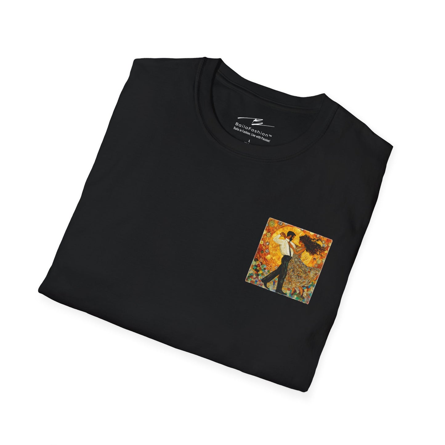 Golden Rhythm Pocket Print T-Shirt | Klimt-Inspired Latin Dance Art | Salsa Bachata Couple Top | Unisex Practice Tee | Studio Dance Wear