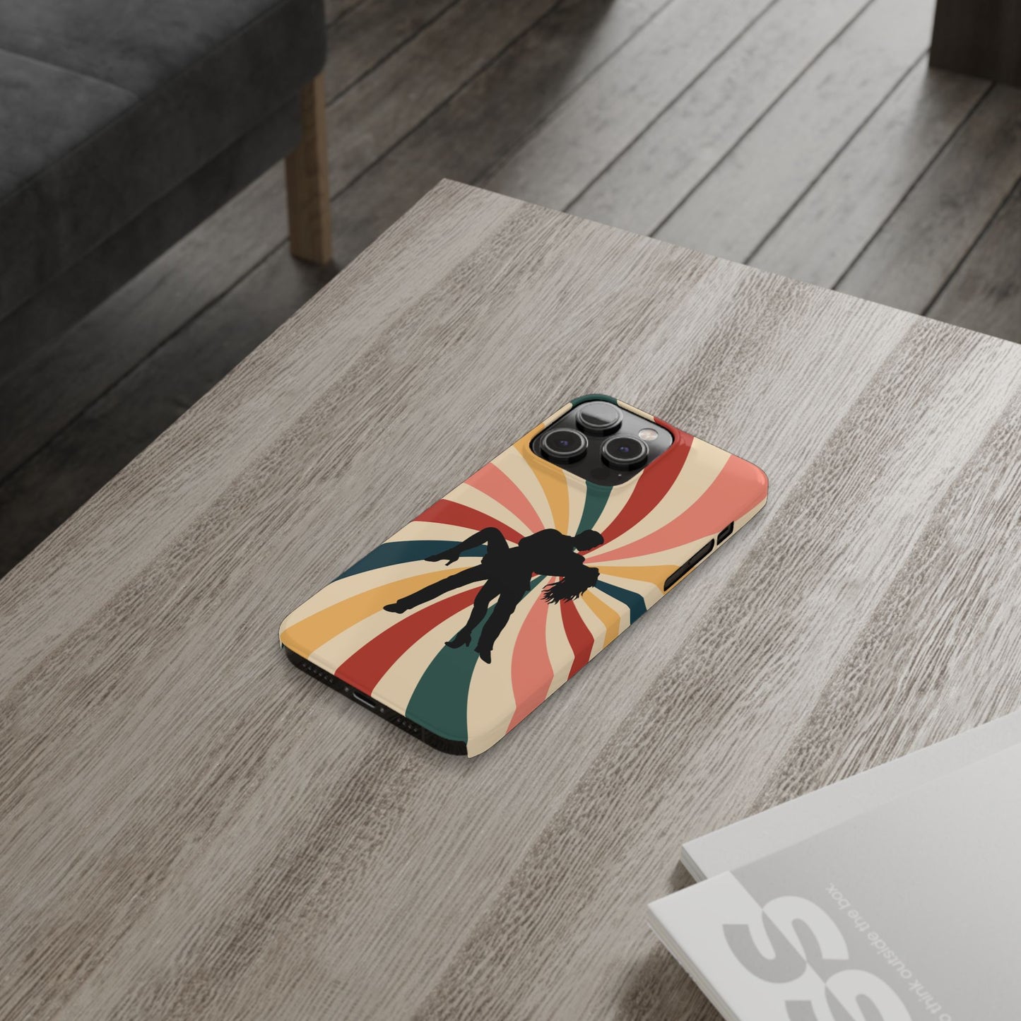 Dramatic Dip iPhone Case | Retro Swirl Background | Latin Dance Silhouettes | Vintage Dance Art | BailaFashion Dance Lifestyle