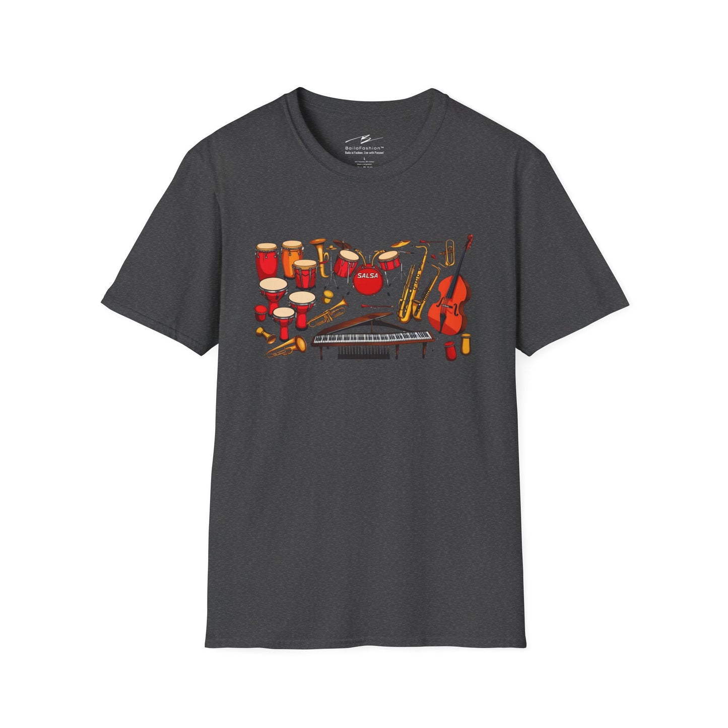 Salsa Orchestra Instruments T-Shirt | Latin Music Band Art | Musician Dancer Gift | Vibrant Red Gold Design | Comfy Couple Casual Wear