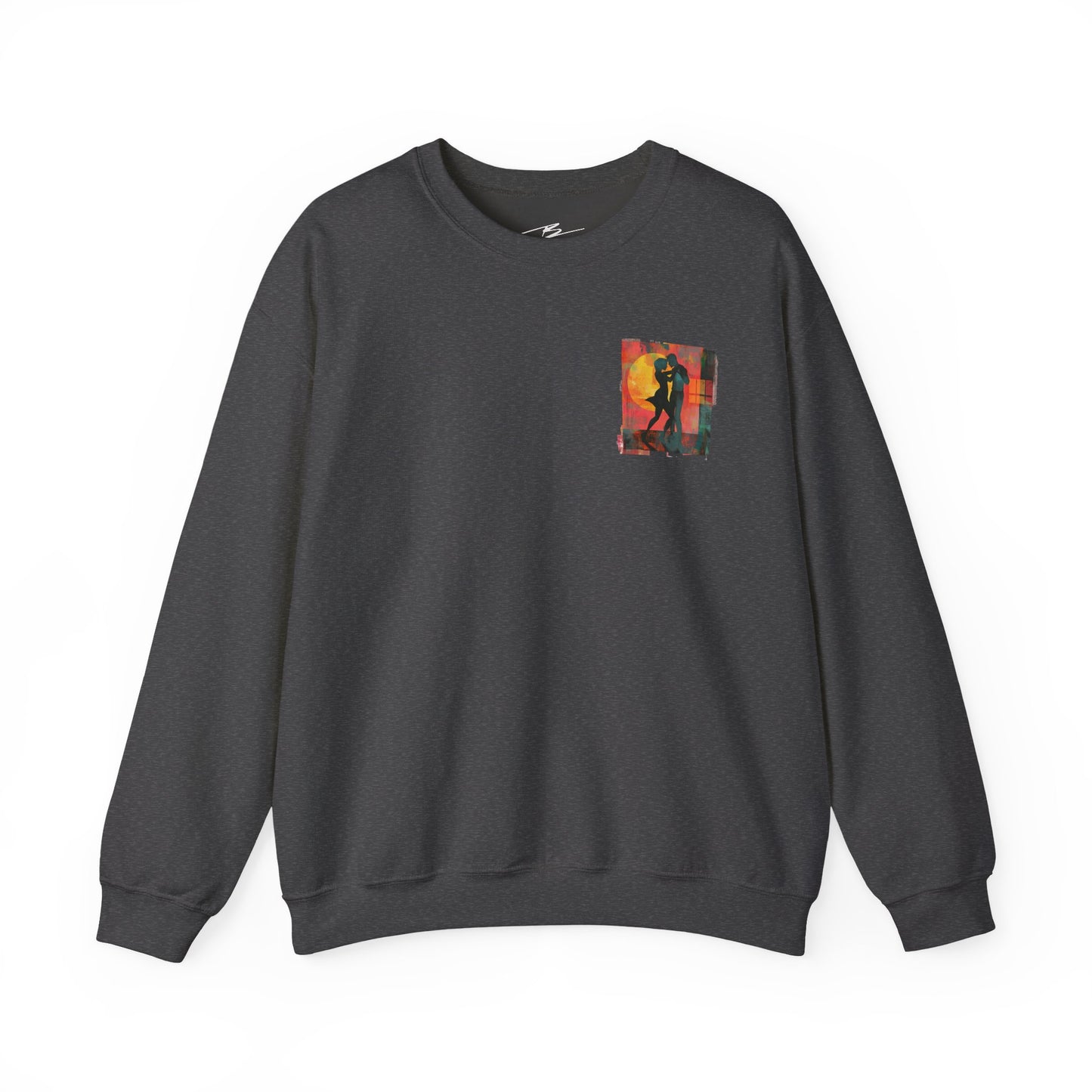 Sunset Romance Pocket Print Sweatshirt | Latin Dance Couple Silhouette | Salsa Bachata Jazz HipHop Lovers | White Crewneck | BailaFashion