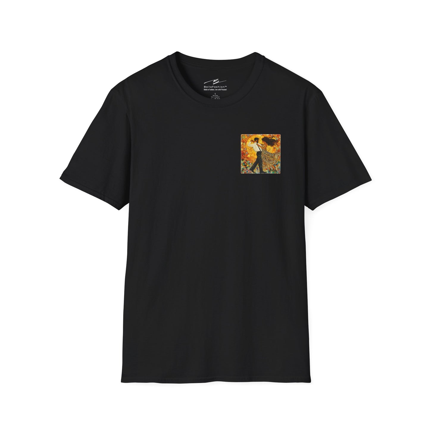 Golden Rhythm Pocket Print T-Shirt | Klimt-Inspired Latin Dance Art | Salsa Bachata Couple Top | Unisex Practice Tee | Studio Dance Wear