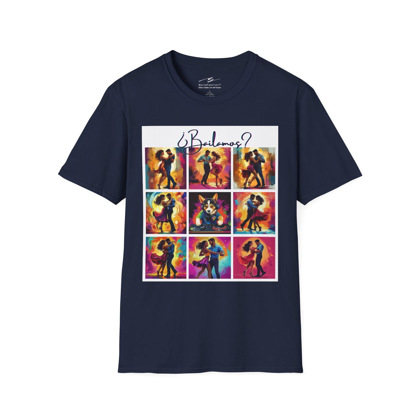 Bailamos? Latin Dance Collage T-Shirt | DJ Dog Salsa Bachata Scenes | Vibrant Dance Art | BailaFashion Streetwear | Dance Practice Tee