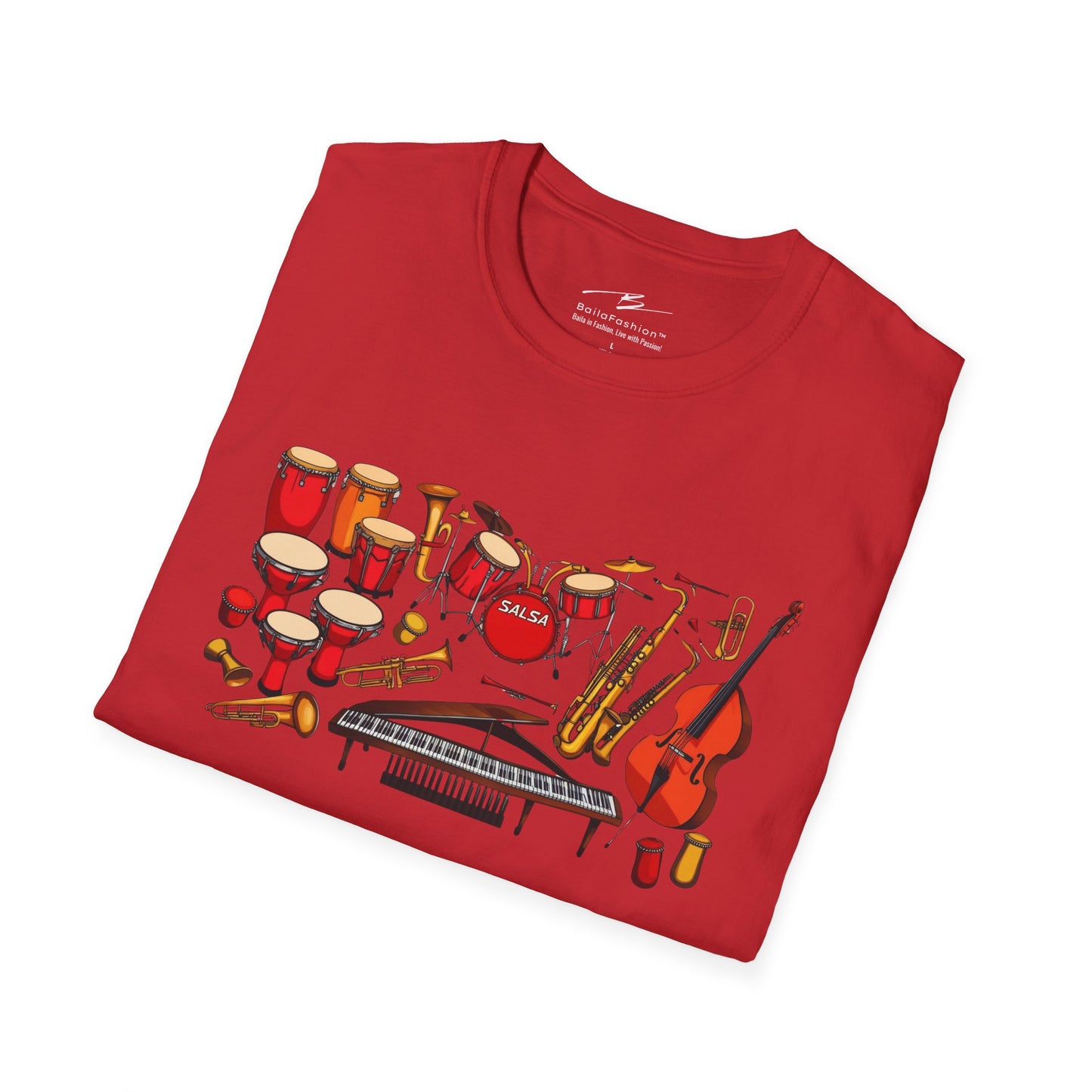 Salsa Orchestra Instruments T-Shirt | Latin Music Band Art | Musician Dancer Gift | Vibrant Red Gold Design | Comfy Couple Casual Wear