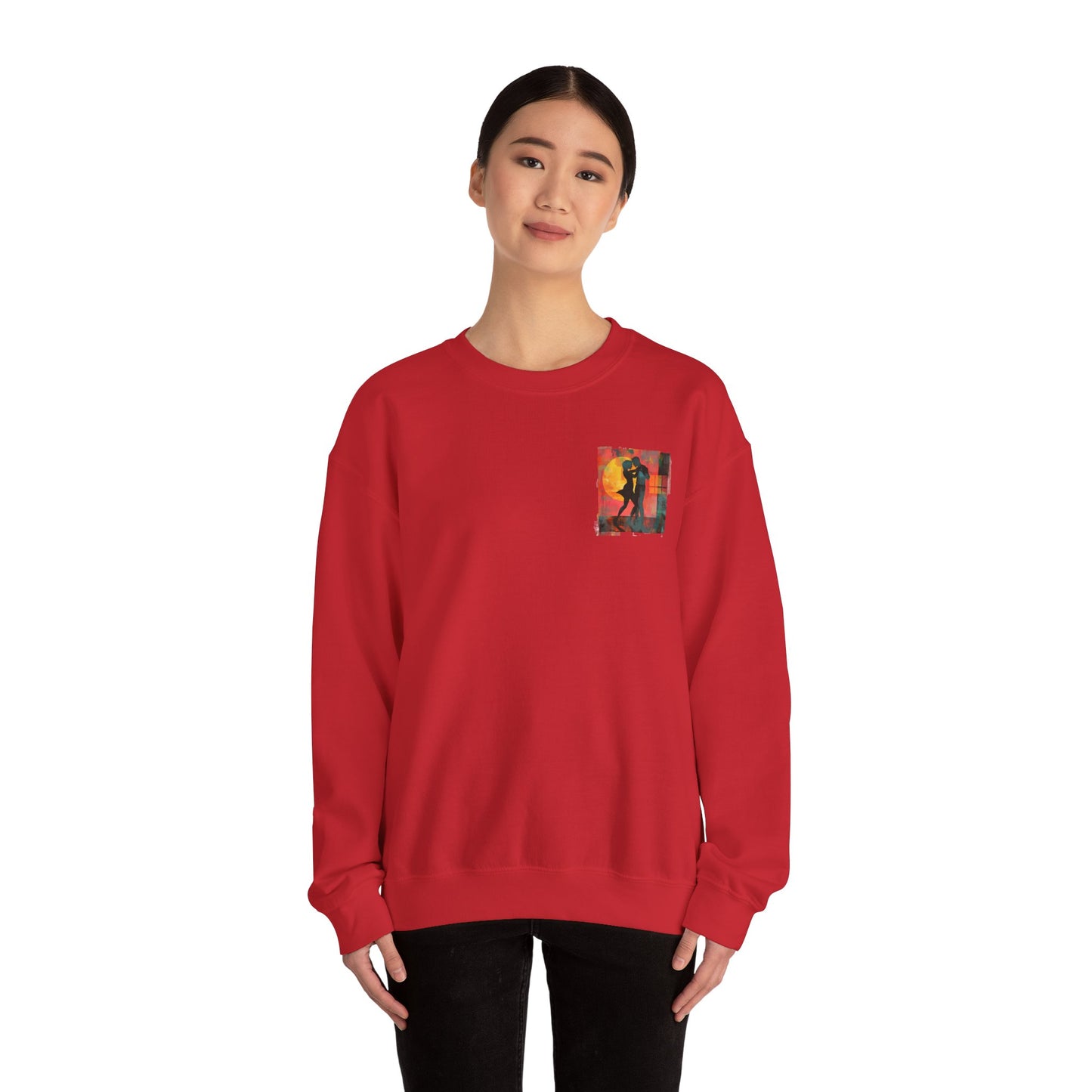 Sunset Romance Pocket Print Sweatshirt | Latin Dance Couple Silhouette | Salsa Bachata Jazz HipHop Lovers | White Crewneck | BailaFashion