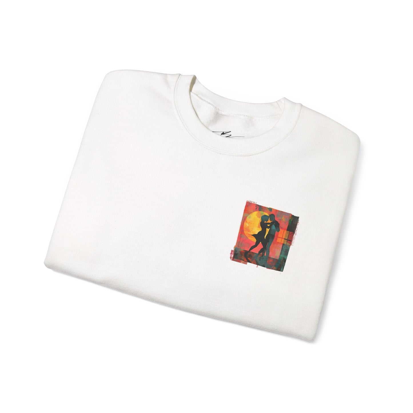 Sunset Romance Pocket Print Sweatshirt | Latin Dance Couple Silhouette | Salsa Bachata Jazz HipHop Lovers | White Crewneck | BailaFashion