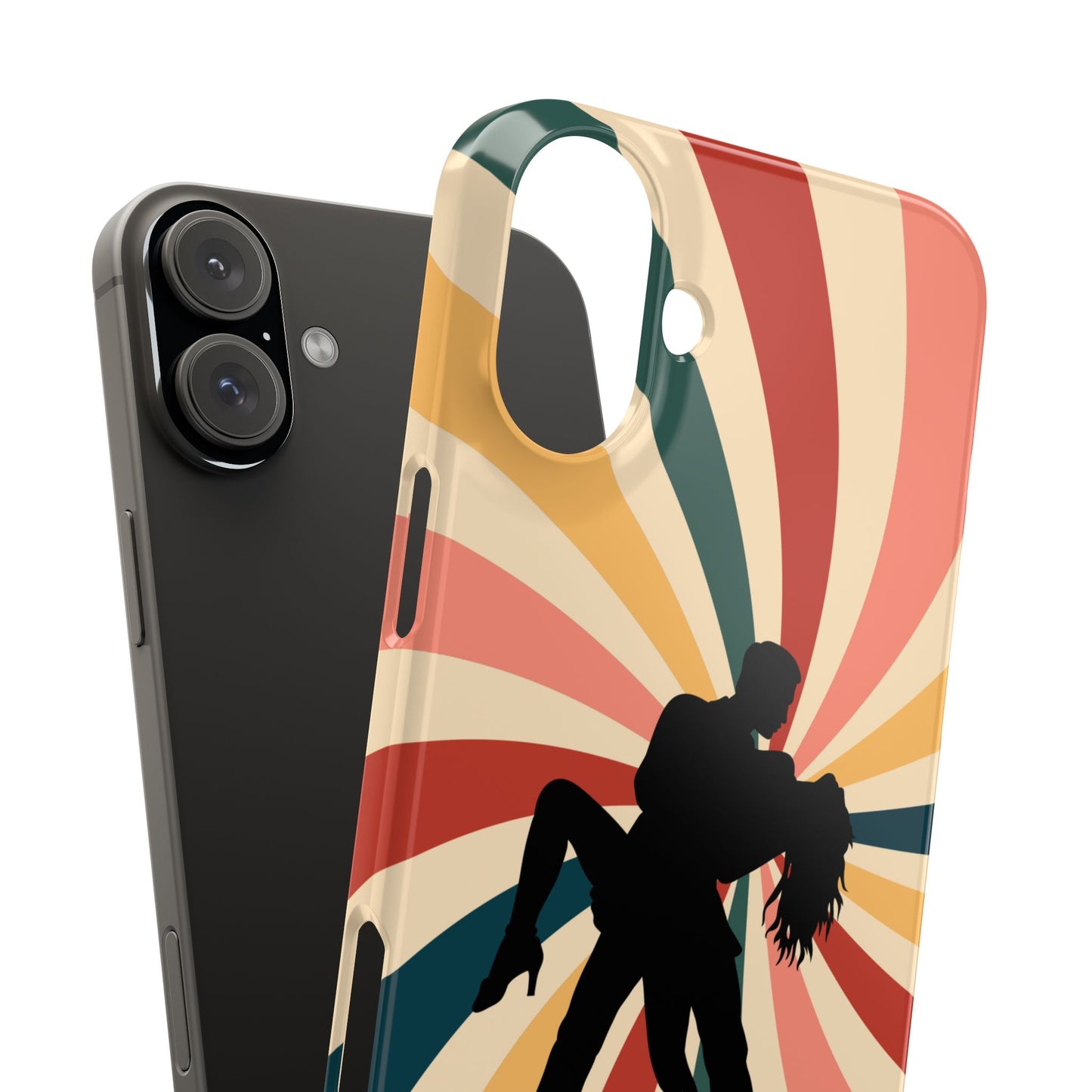 Dramatic Dip iPhone Case | Retro Swirl Background | Latin Dance Silhouettes | Vintage Dance Art | BailaFashion Dance Lifestyle