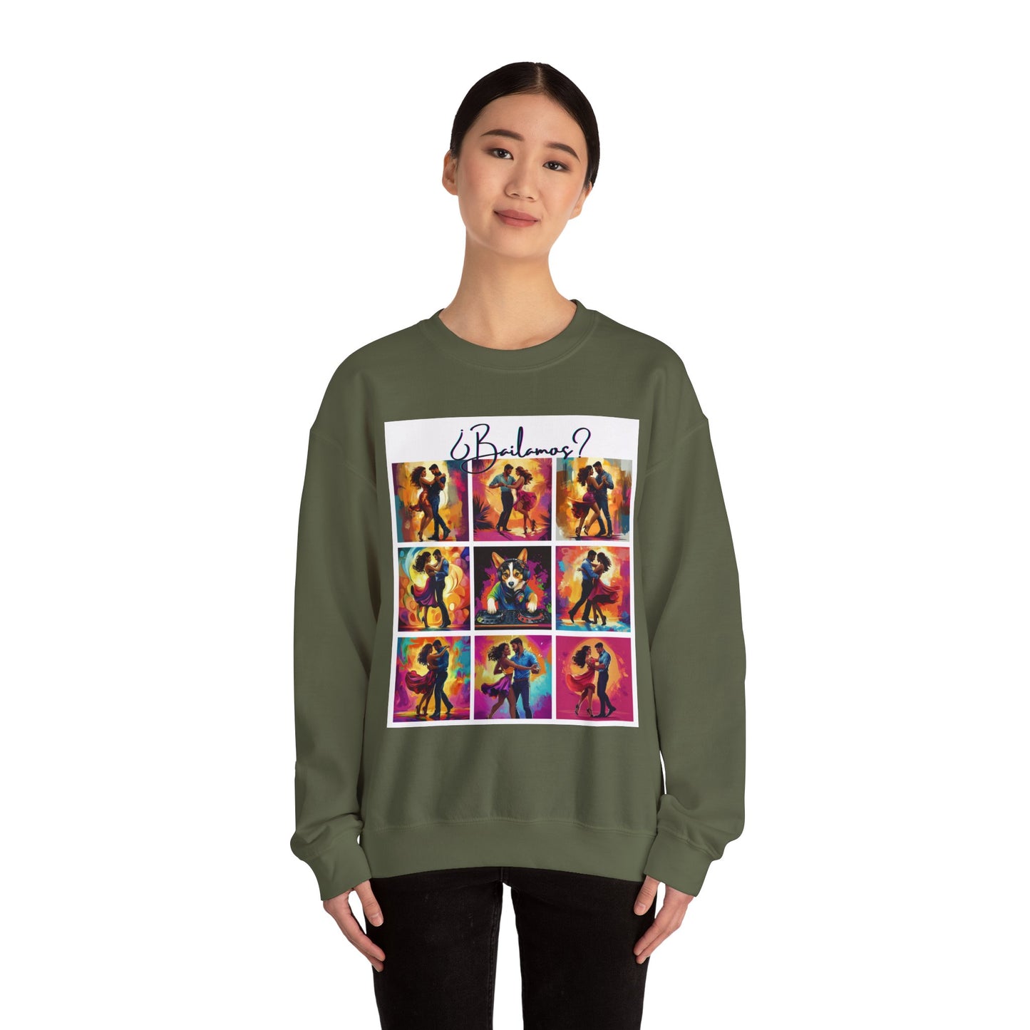 Bailamos? Latin Dance Collage Sweatshirt | DJ Corgi Salsa Bachata Art | Colorful Dance Couple | BailaFashion Sweater | Dance Practice Wear