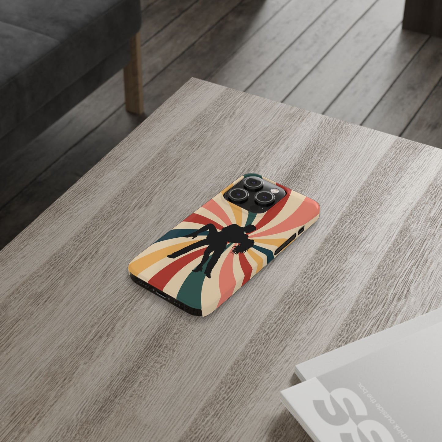Dramatic Dip iPhone Case | Retro Swirl Background | Latin Dance Silhouettes | Vintage Dance Art | BailaFashion Dance Lifestyle