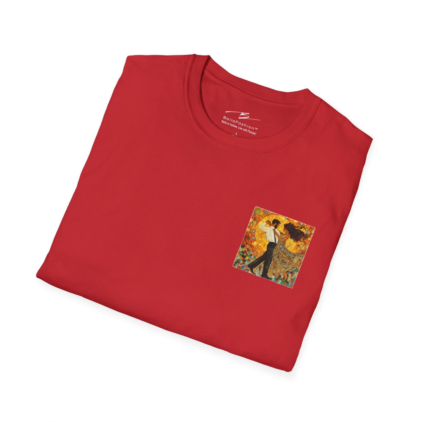 Golden Rhythm Pocket Print T-Shirt | Klimt-Inspired Latin Dance Art | Salsa Bachata Couple Top | Unisex Practice Tee | Studio Dance Wear