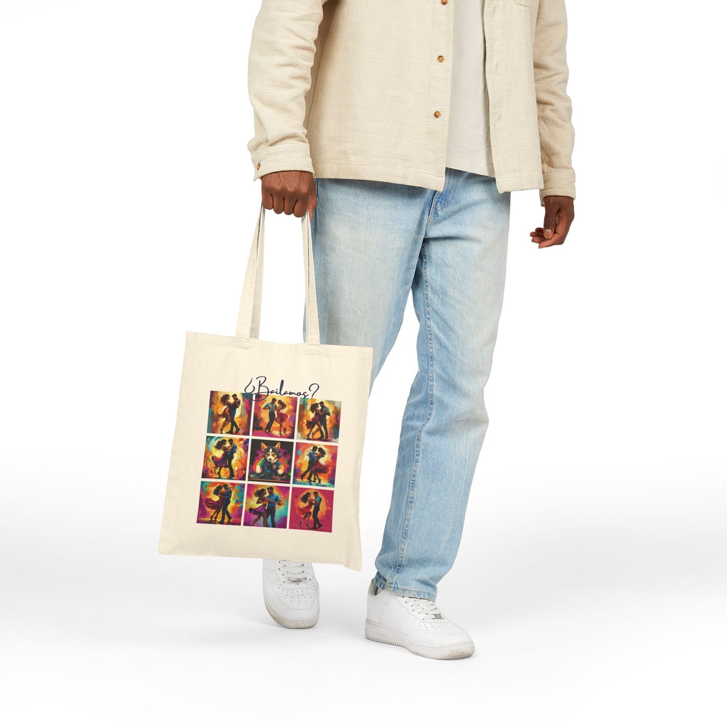 Bailamos Latin Dance Collage Tote Bag | Modern Dance Art | Colorful Couple Illustrations | DJ Dog Design | BailaFashion Dance Lifestyle