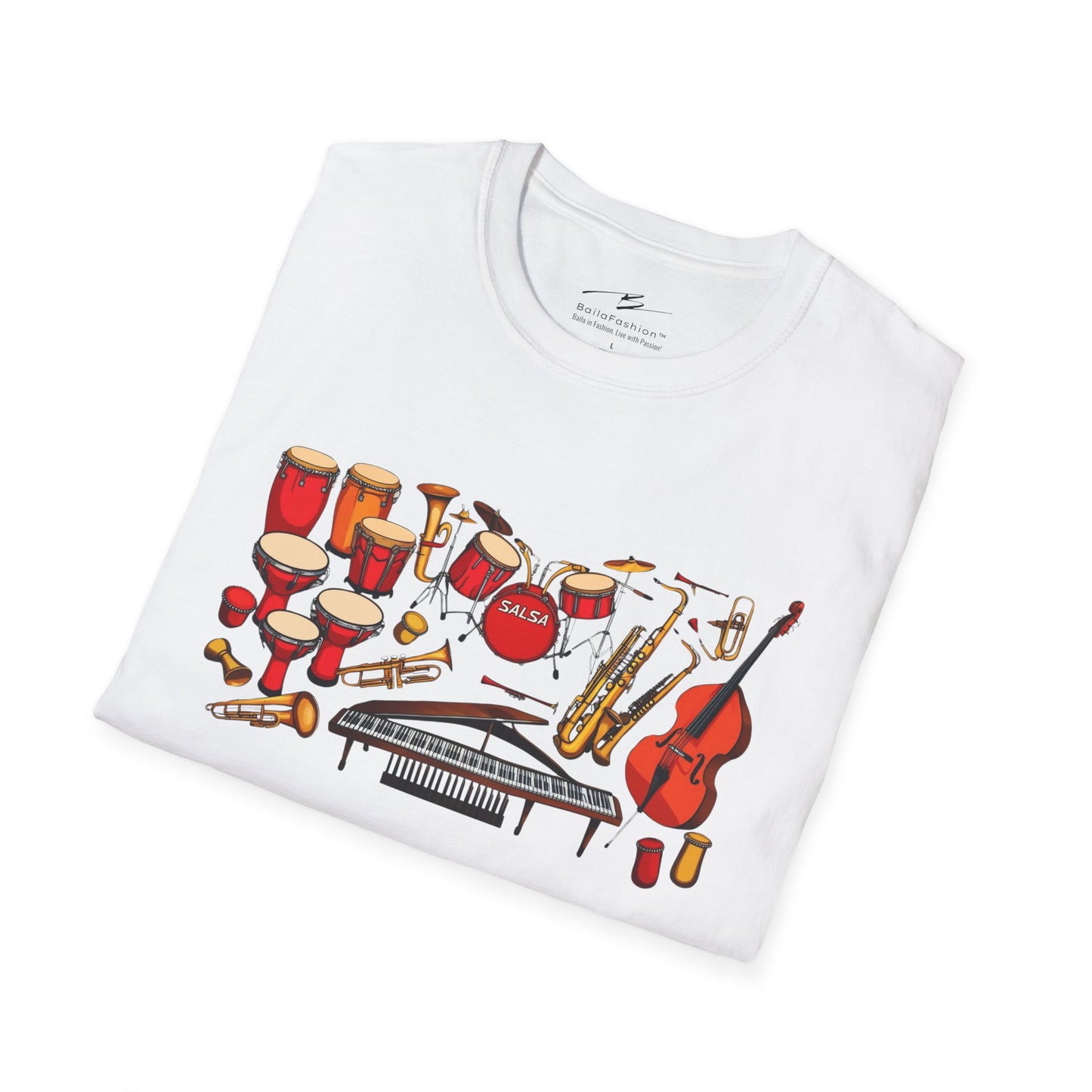 Salsa Orchestra Instruments T-Shirt | Latin Music Band Art | Musician Dancer Gift | Vibrant Red Gold Design | Comfy Couple Casual Wear