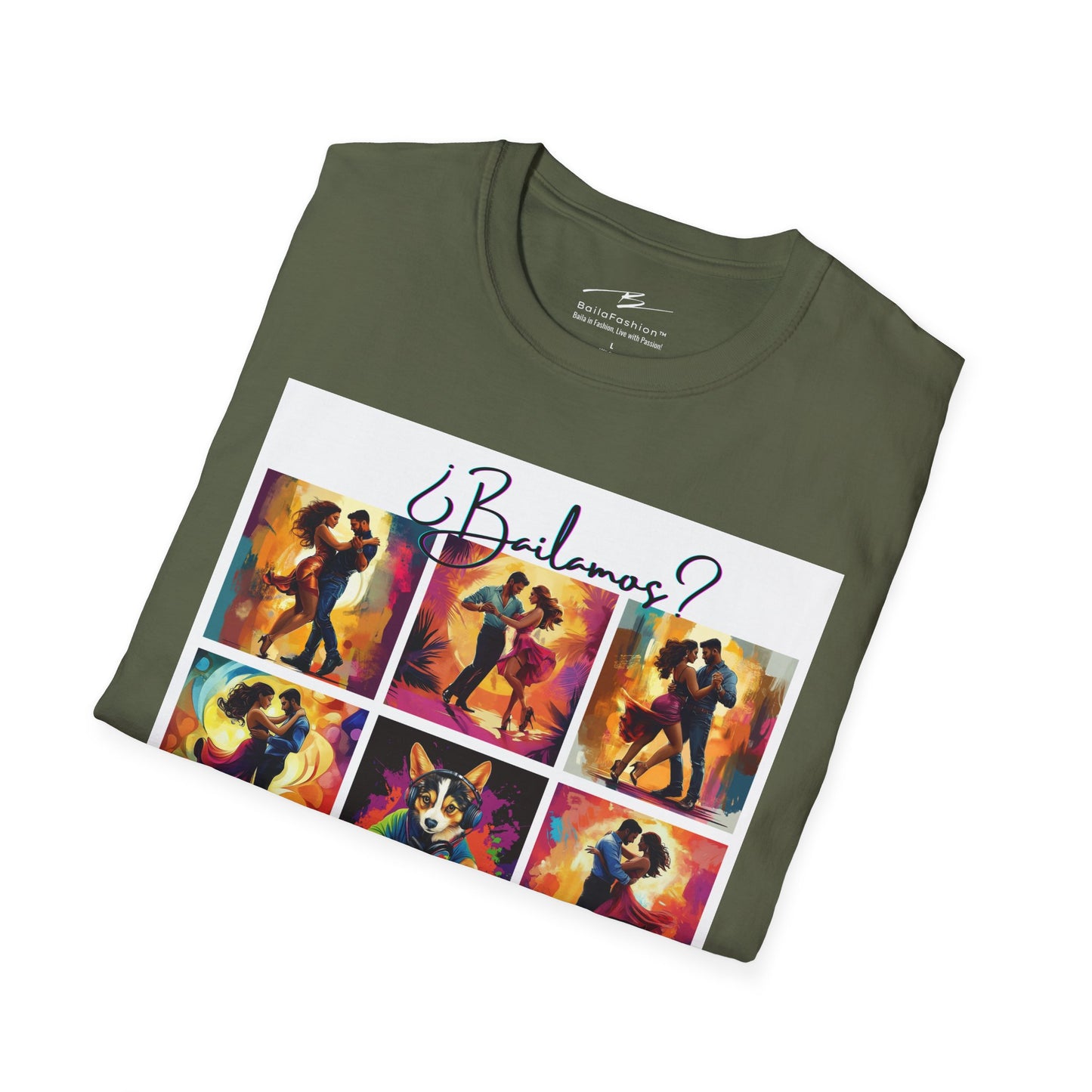 Bailamos? Latin Dance Collage T-Shirt | DJ Dog Salsa Bachata Scenes | Vibrant Dance Art | BailaFashion Streetwear | Dance Practice Tee