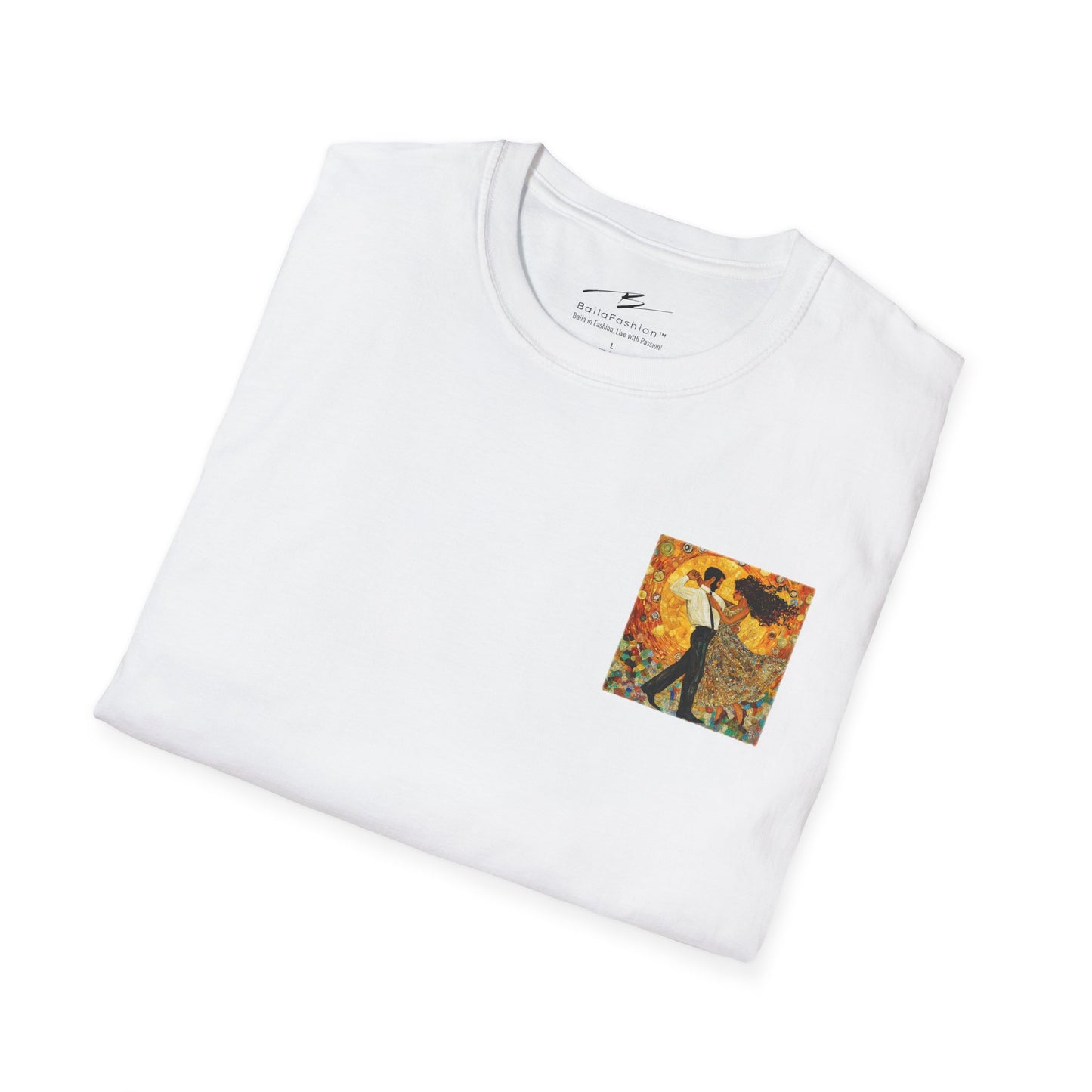 Golden Rhythm Pocket Print T-Shirt | Klimt-Inspired Latin Dance Art | Salsa Bachata Couple Top | Unisex Practice Tee | Studio Dance Wear