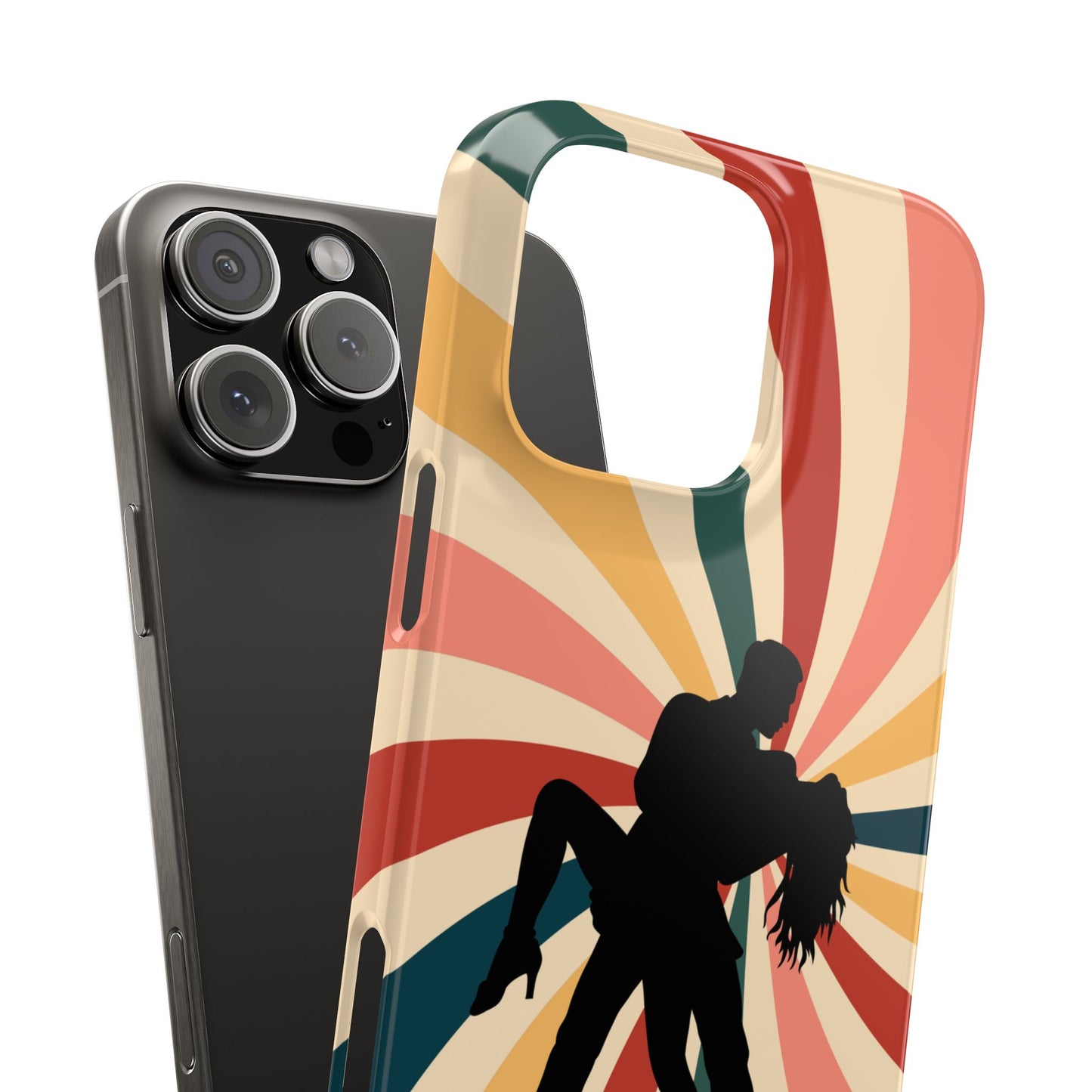 Dramatic Dip iPhone Case | Retro Swirl Background | Latin Dance Silhouettes | Vintage Dance Art | BailaFashion Dance Lifestyle