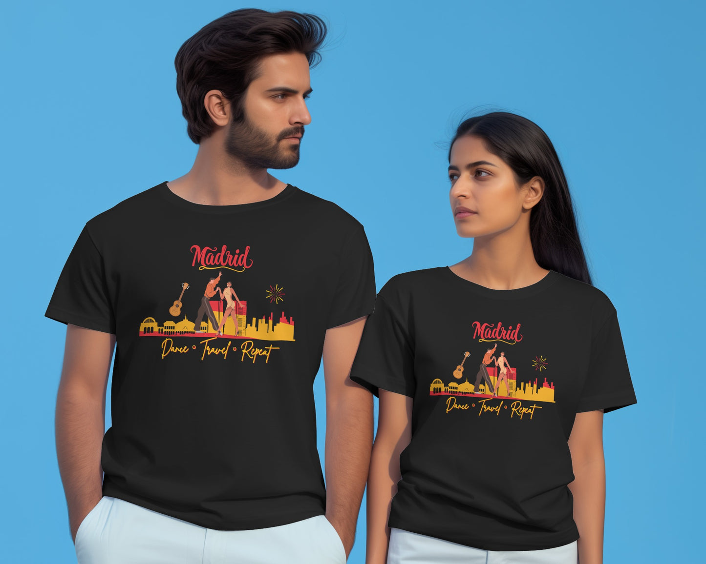 Madrid Dance Travel Repeat T-Shirt | Salsa Bachata Lovers Tee | Dance Lifestyle Shirt for Classes Socials Festivals | Matching Couple Tops