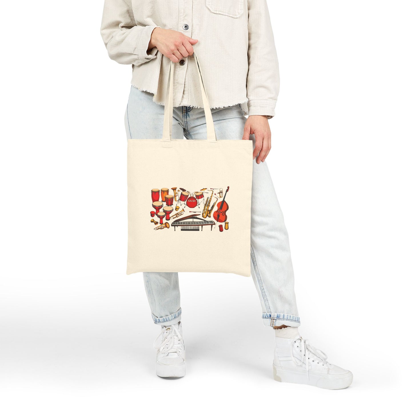 Salsa Orchestra Instruments Tote Bag | Latin Music Band Art | Musician Dancer Gift | Vibrant Red Gold Design | Cotton Canvas Tote Bag