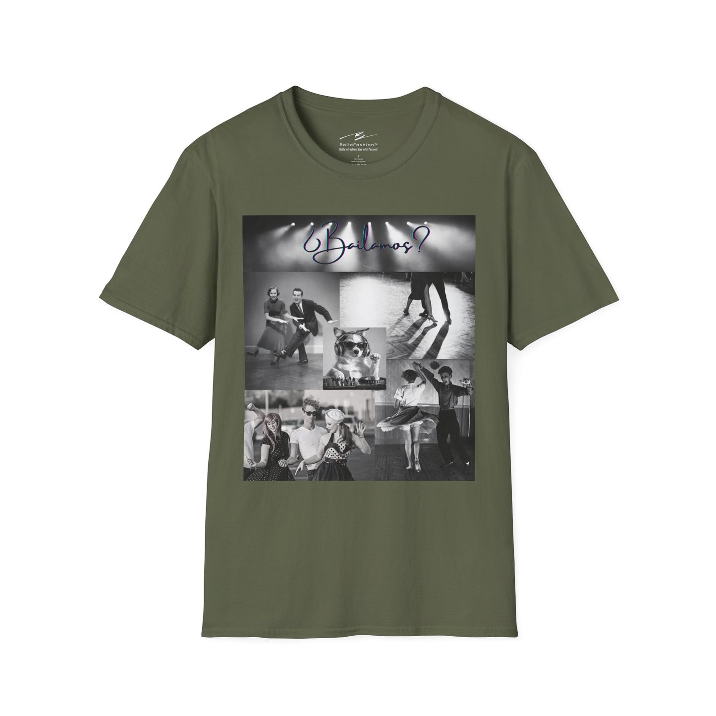 Bailamos Dance Collage T-shirt | DJ Dog Latin Dance Scenes | Salsa Bachata Vintage Dancer Gift | BailaFashion Dance Lifestyle | Practice Tee