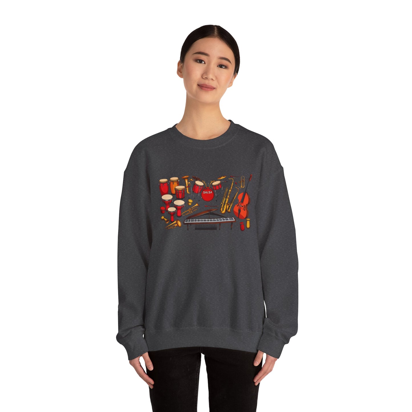 Salsa Orchestra Instruments Sweatshirt | Latin Music Band Art | Musician Dancer Gift | Vibrant Red Gold Design | Comfy Casual Couple Wear