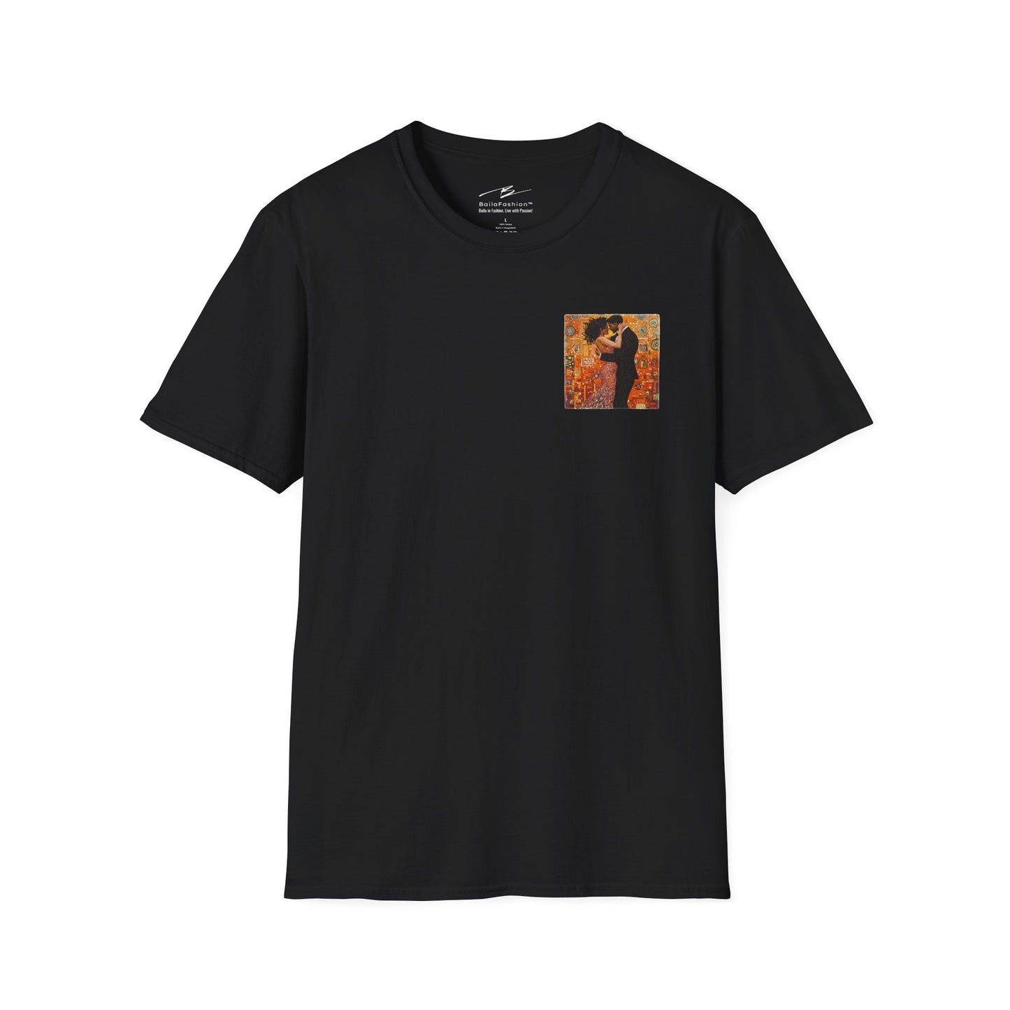 Amber Embrace Pocket Print T-Shirt | Klimt-Inspired Latin Dance Art | Salsa Bachata Couple Top | Unisex Studio Wear | Dance Lifestyle