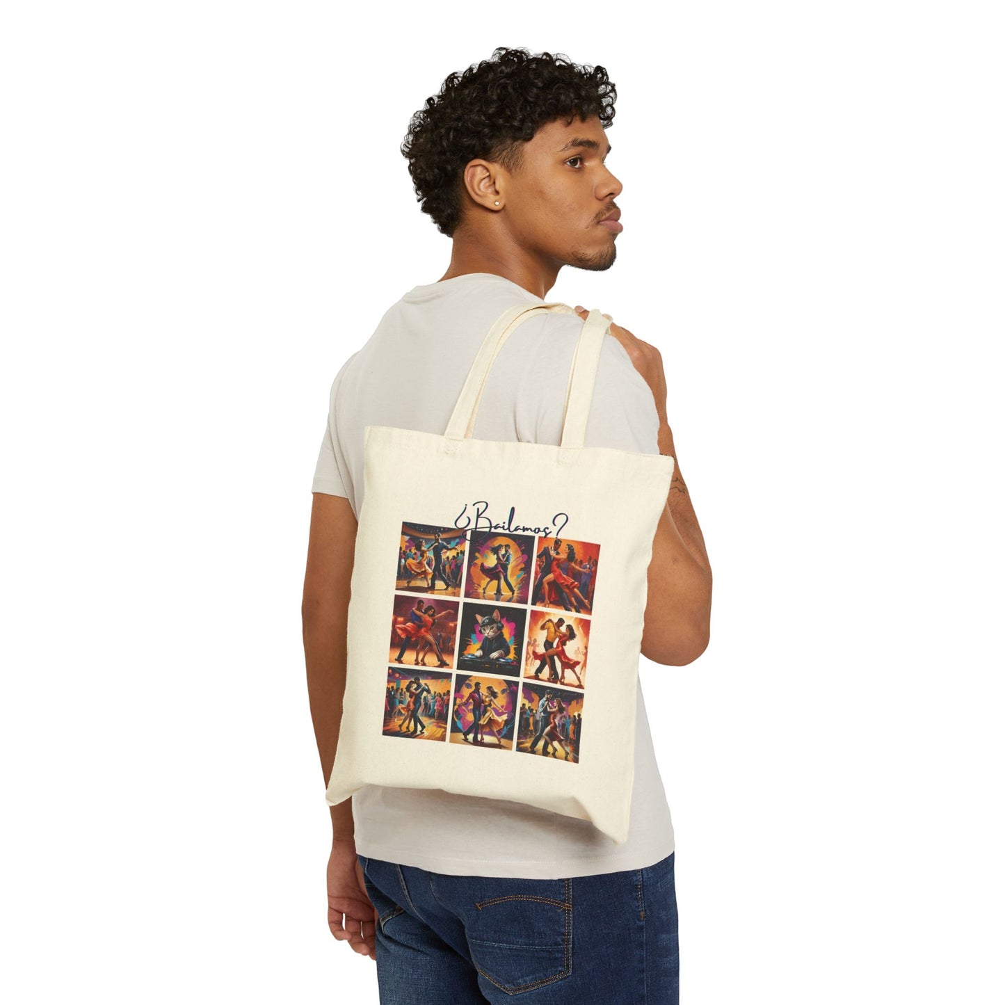 Bailamos Salsa Dance Grid Tote Bag | DJ Cat Collage Art | Latin Dance Couple Illustration | Dancer Gift | BailaFashion Dance Lifestyle