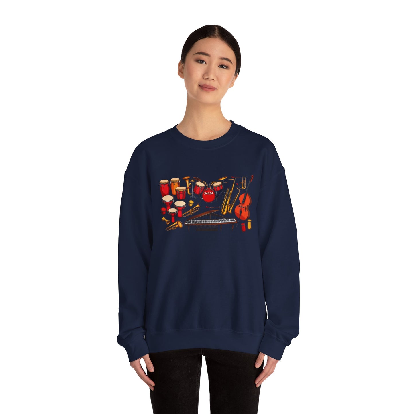 Salsa Orchestra Instruments Sweatshirt | Latin Music Band Art | Musician Dancer Gift | Vibrant Red Gold Design | Comfy Casual Couple Wear