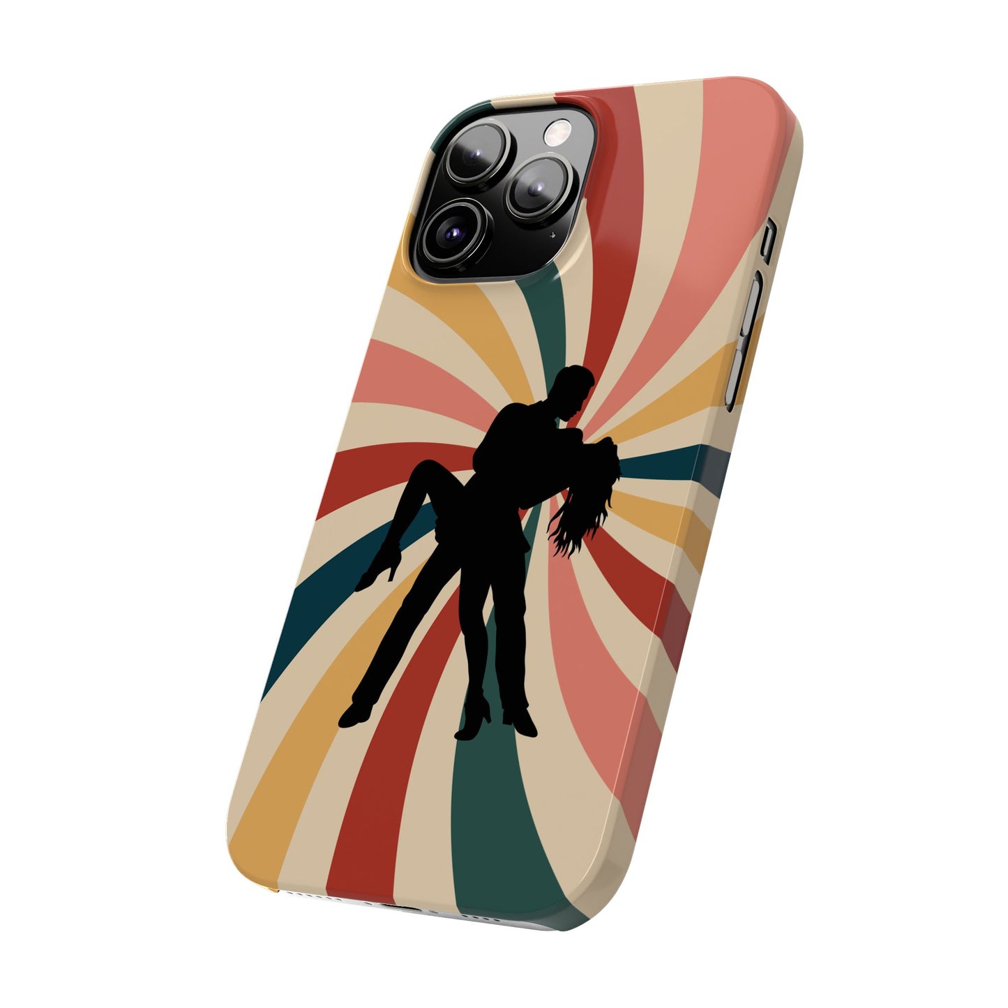Dramatic Dip iPhone Case | Retro Swirl Background | Latin Dance Silhouettes | Vintage Dance Art | BailaFashion Dance Lifestyle
