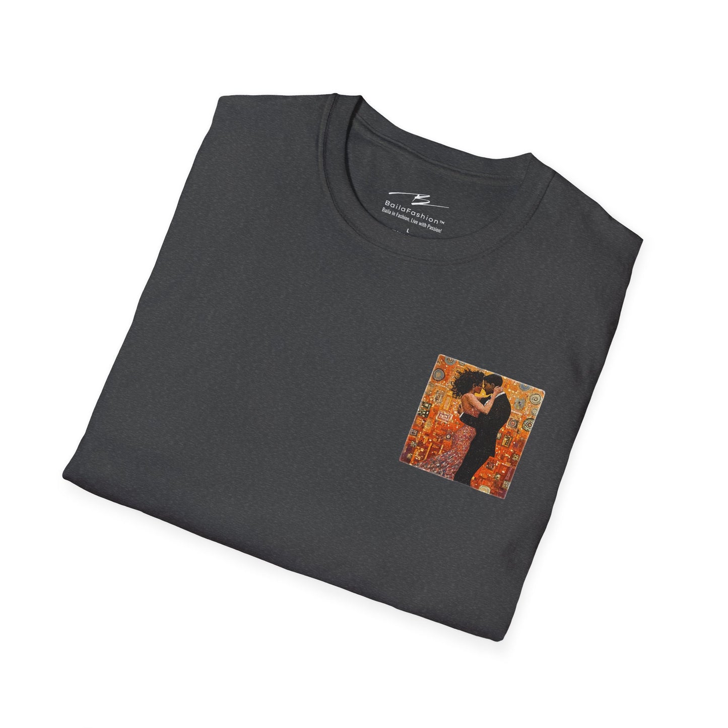 Amber Embrace Pocket Print T-Shirt | Klimt-Inspired Latin Dance Art | Salsa Bachata Couple Top | Unisex Studio Wear | Dance Lifestyle