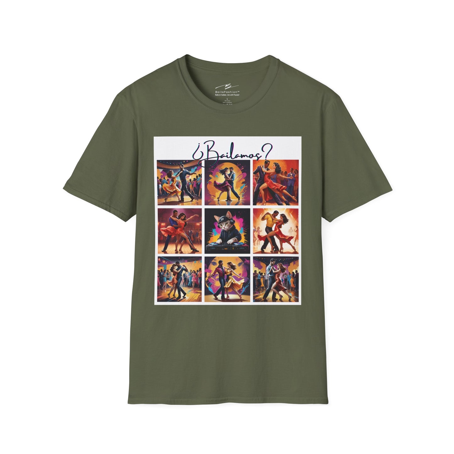 Bailamos? Latin Dance Collage T-Shirt | DJ Cat Salsa Bachata Scenes | Vibrant Dancer Art | BailaFashion Streetwear | Dance Practice Tee
