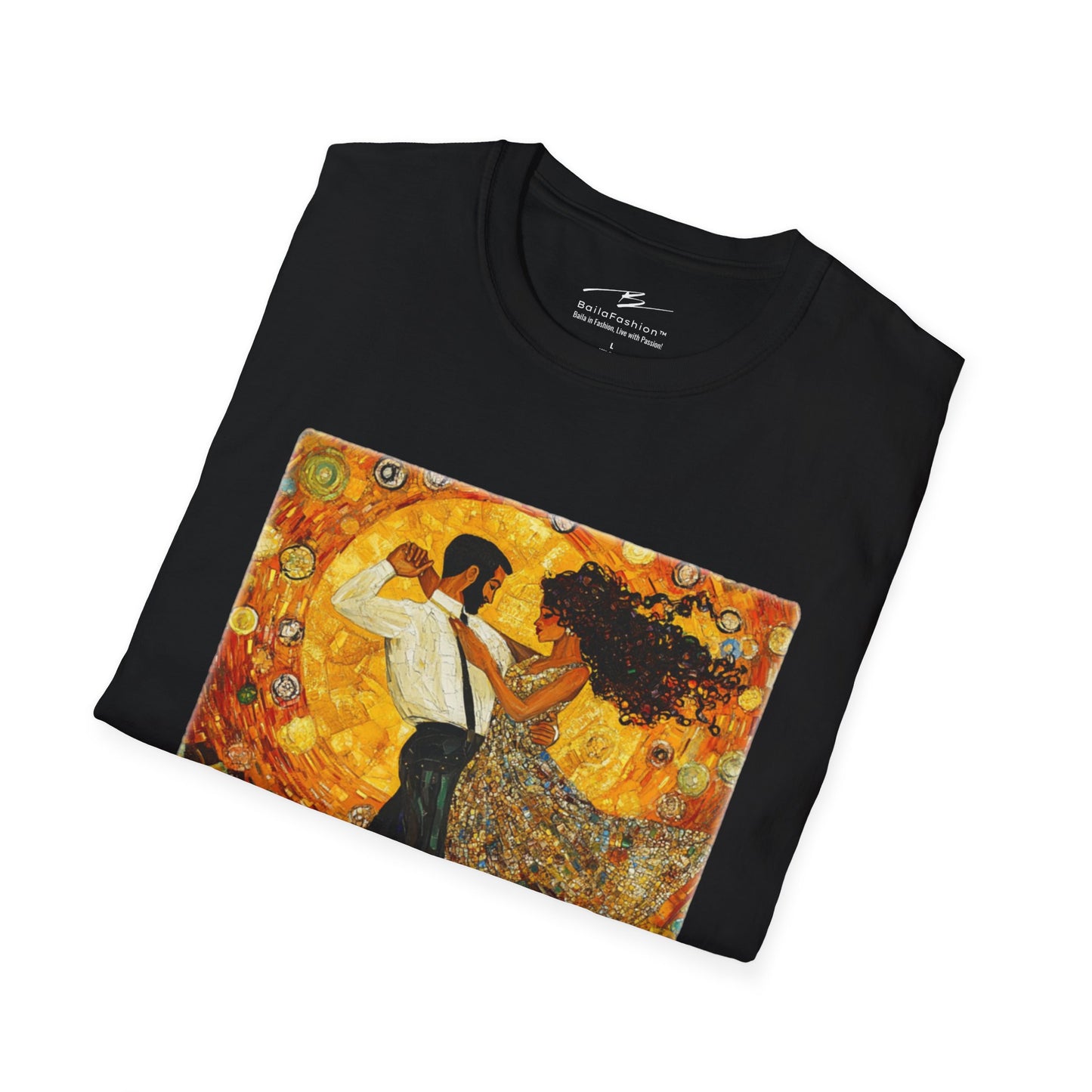 Golden Rhythms Art T-Shirt | Klimt-Inspired Latin Dance Art | Salsa Bachata Couple | Dance Lifestyle StreetWear | BailaFashion Casual Wear