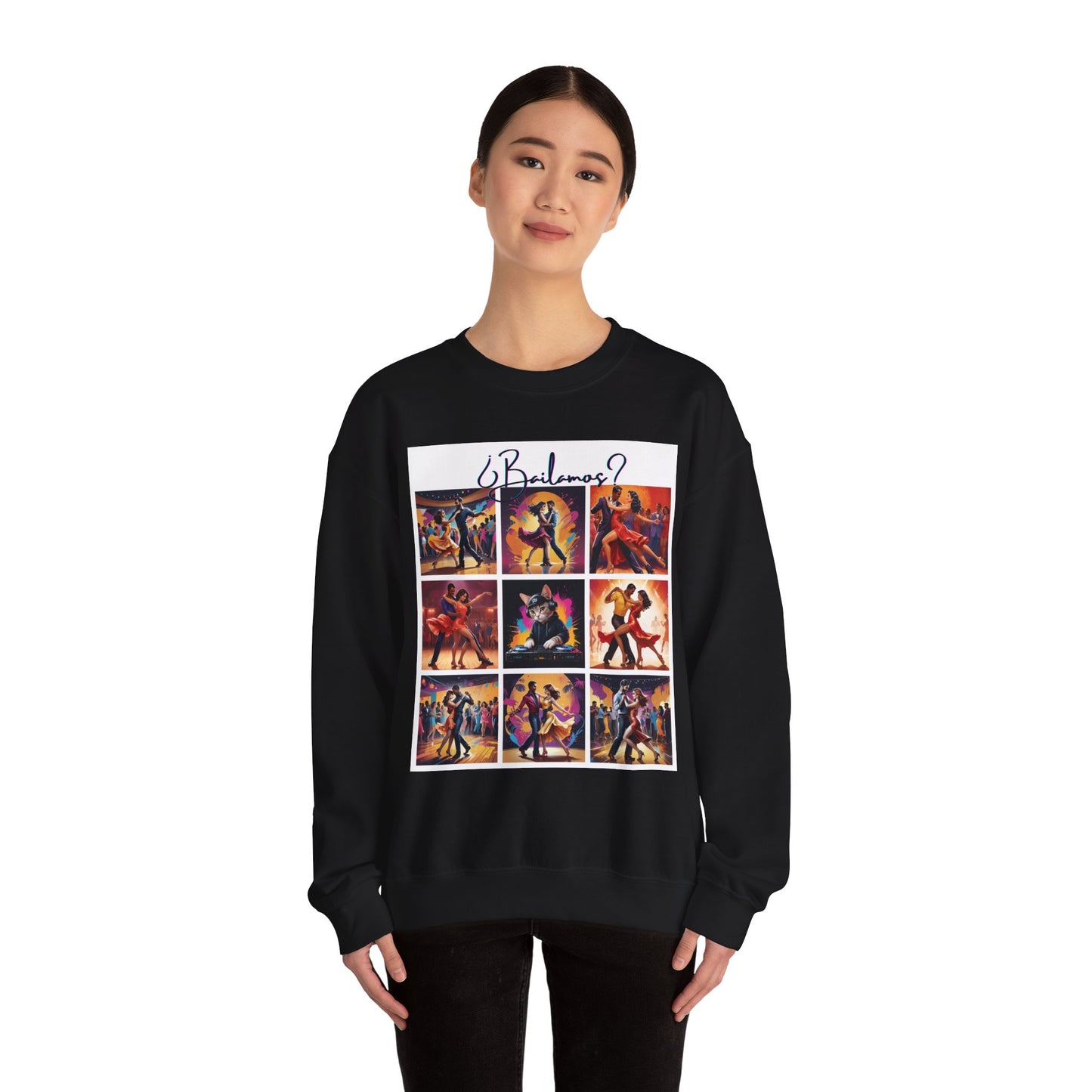 Bailamos? Latin Dance Collage Sweatshirt | DJ Cat Salsa Bachata Art | Vibrant Social Dancing | BailaFashion Streewear | Dance Practice Wear