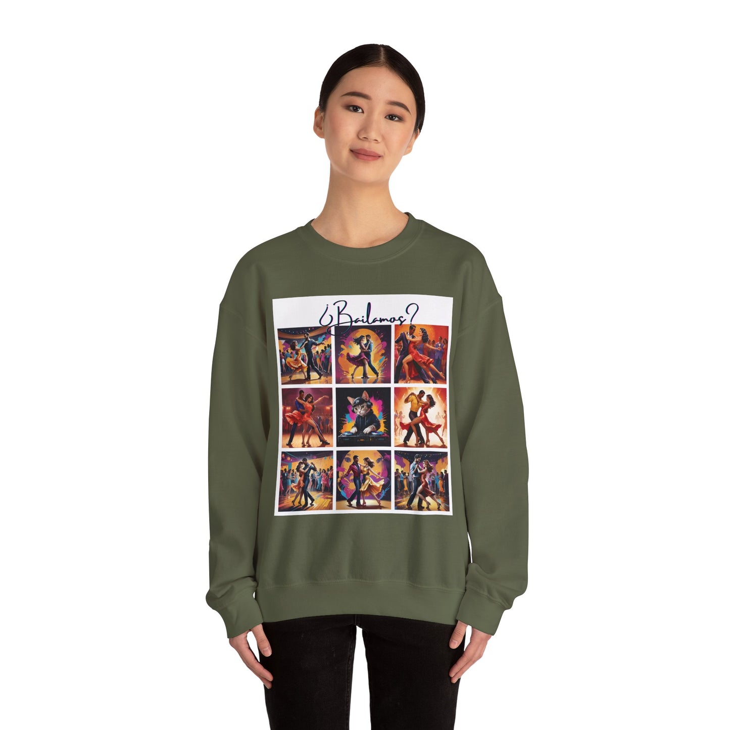 Bailamos? Latin Dance Collage Sweatshirt | DJ Cat Salsa Bachata Art | Vibrant Social Dancing | BailaFashion Streewear | Dance Practice Wear