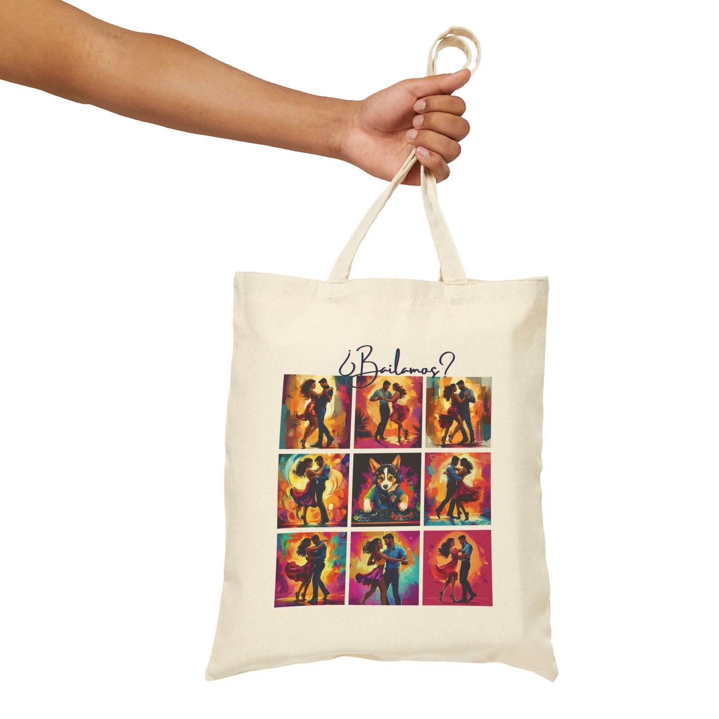 Bailamos Latin Dance Collage Tote Bag | Modern Dance Art | Colorful Couple Illustrations | DJ Dog Design | BailaFashion Dance Lifestyle