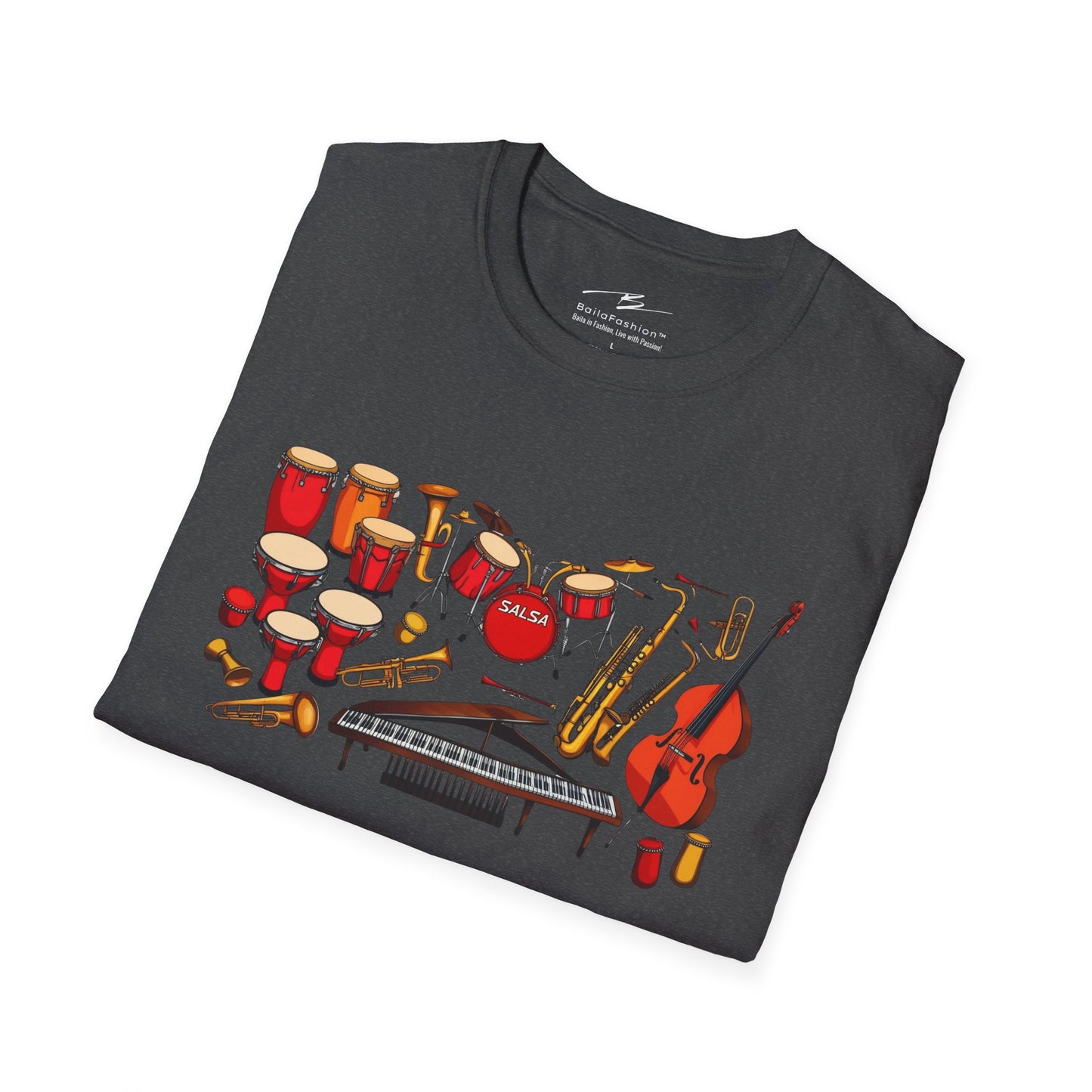 Salsa Orchestra Instruments T-Shirt | Latin Music Band Art | Musician Dancer Gift | Vibrant Red Gold Design | Comfy Couple Casual Wear