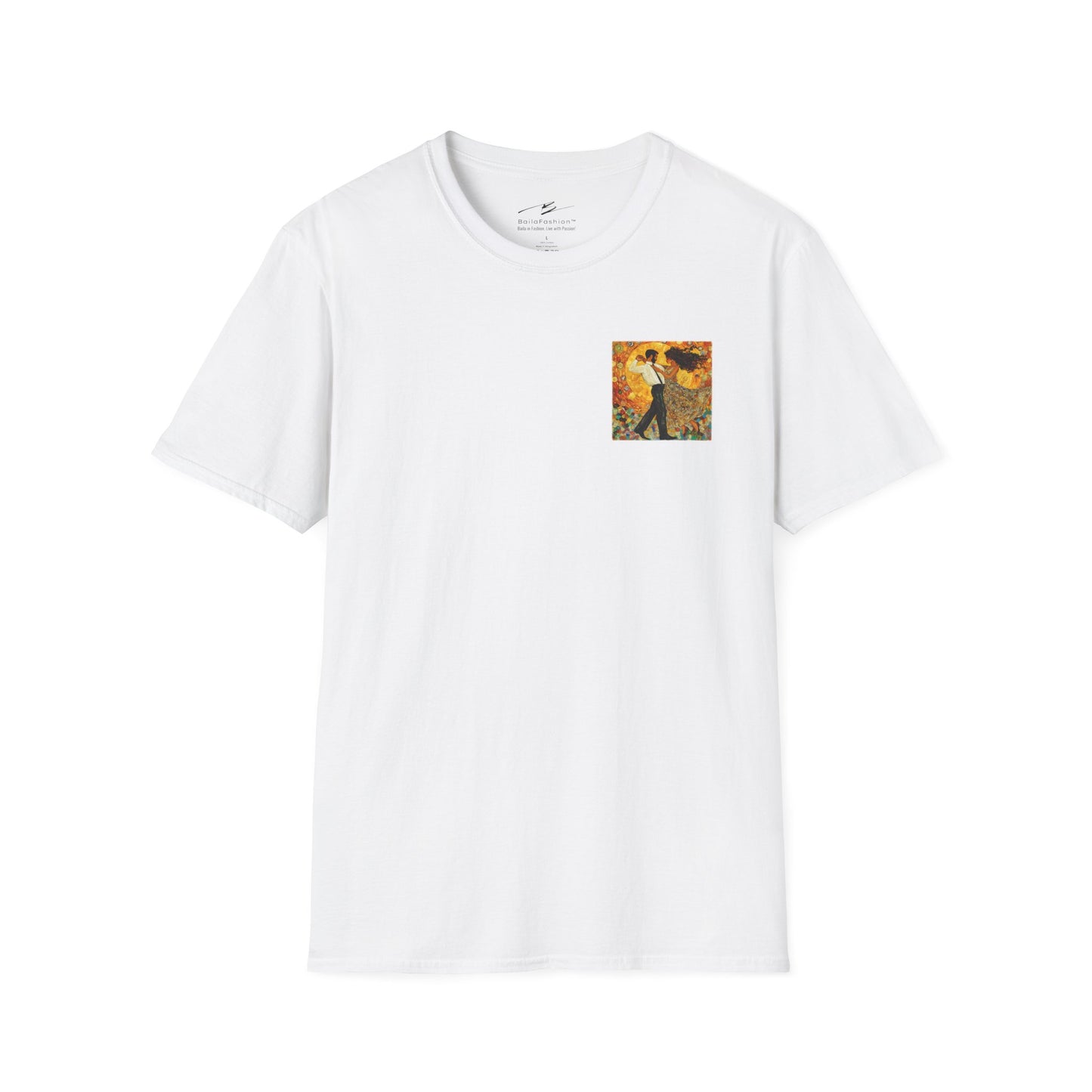 Golden Rhythm Pocket Print T-Shirt | Klimt-Inspired Latin Dance Art | Salsa Bachata Couple Top | Unisex Practice Tee | Studio Dance Wear