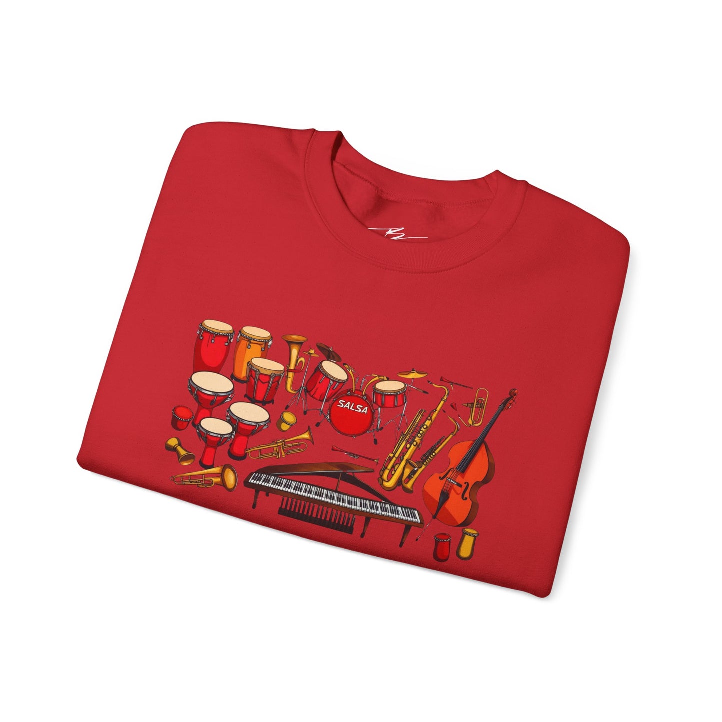 Salsa Orchestra Instruments Sweatshirt | Latin Music Band Art | Musician Dancer Gift | Vibrant Red Gold Design | Comfy Casual Couple Wear