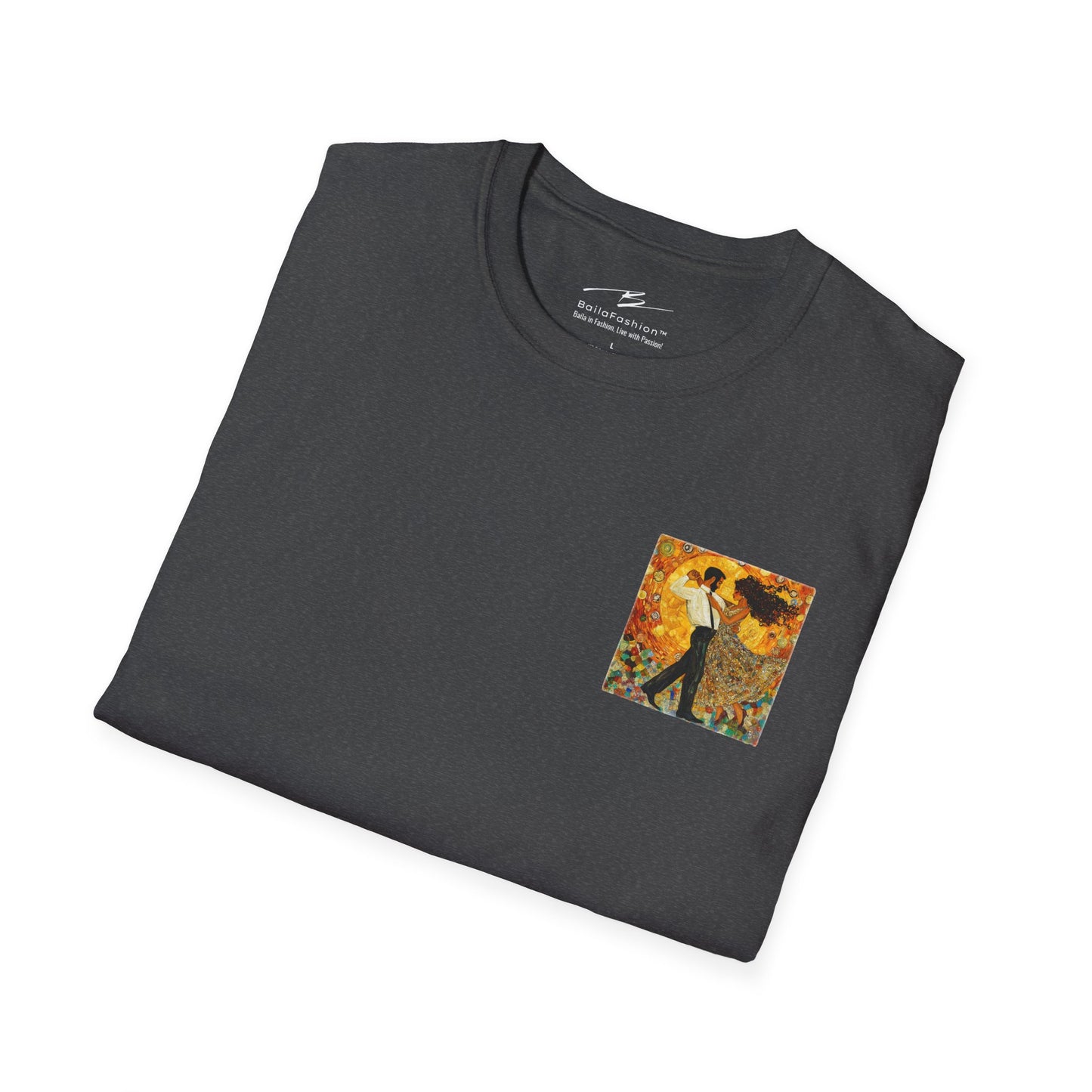 Golden Rhythm Pocket Print T-Shirt | Klimt-Inspired Latin Dance Art | Salsa Bachata Couple Top | Unisex Practice Tee | Studio Dance Wear