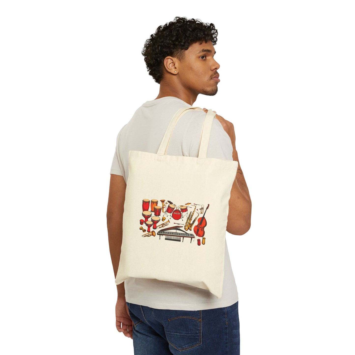 Salsa Orchestra Instruments Tote Bag | Latin Music Band Art | Musician Dancer Gift | Vibrant Red Gold Design | Cotton Canvas Tote Bag