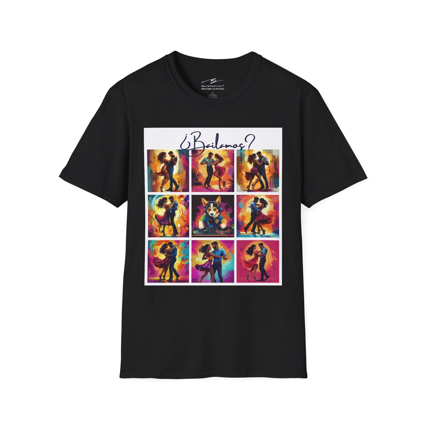 Bailamos? Latin Dance Collage T-Shirt | DJ Dog Salsa Bachata Scenes | Vibrant Dance Art | BailaFashion Streetwear | Dance Practice Tee