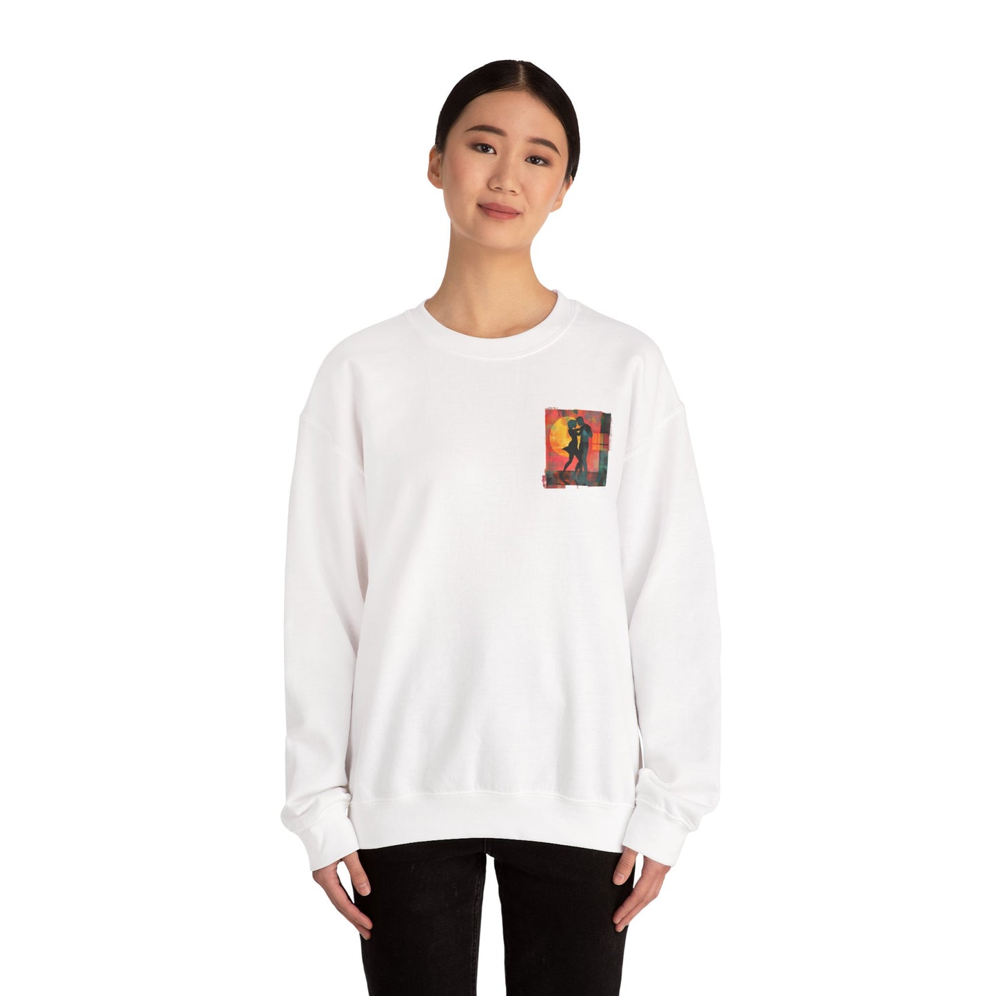 Sunset Romance Pocket Print Sweatshirt | Latin Dance Couple Silhouette | Salsa Bachata Jazz HipHop Lovers | White Crewneck | BailaFashion