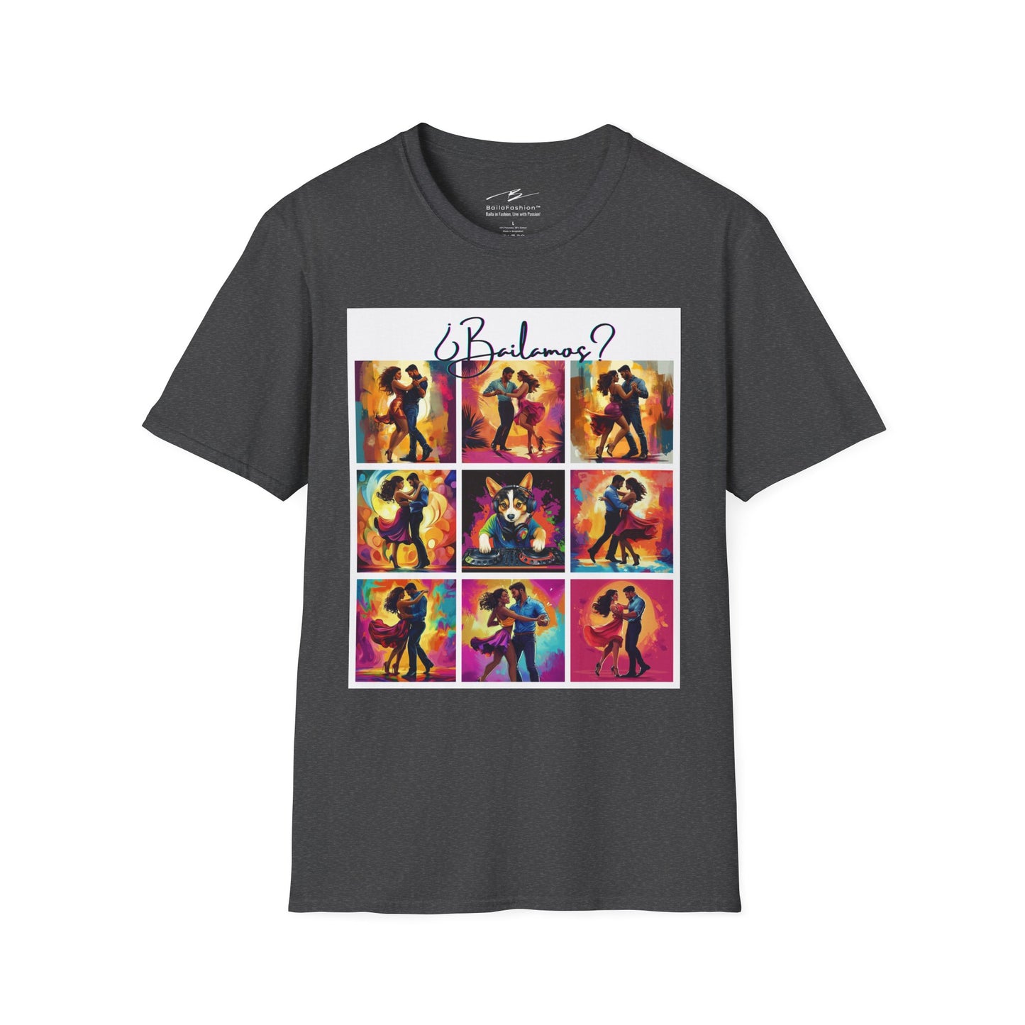 Bailamos? Latin Dance Collage T-Shirt | DJ Dog Salsa Bachata Scenes | Vibrant Dance Art | BailaFashion Streetwear | Dance Practice Tee