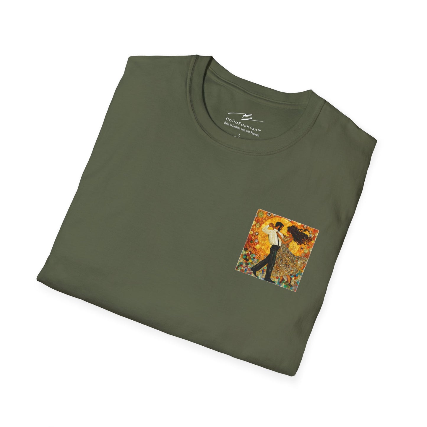 Golden Rhythm Pocket Print T-Shirt | Klimt-Inspired Latin Dance Art | Salsa Bachata Couple Top | Unisex Practice Tee | Studio Dance Wear