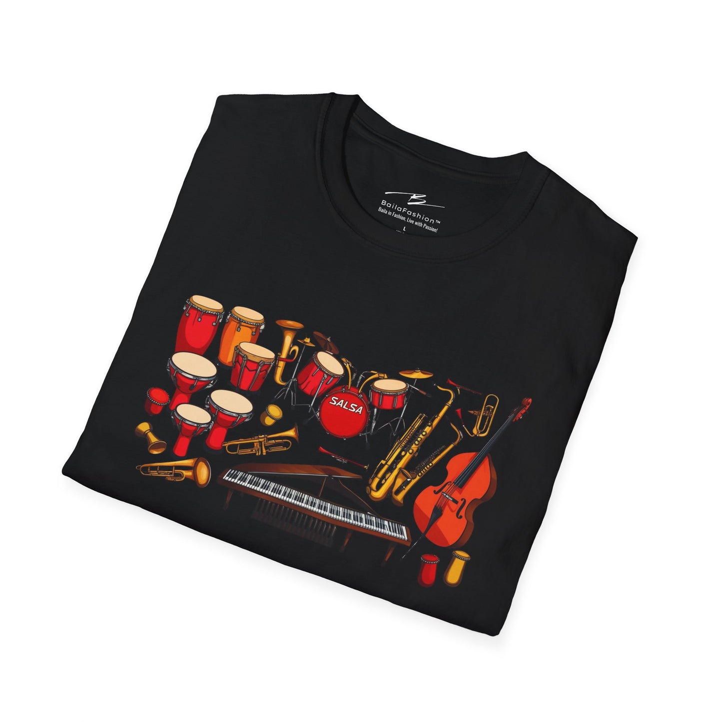 Salsa Orchestra Instruments T-Shirt | Latin Music Band Art | Musician Dancer Gift | Vibrant Red Gold Design | Comfy Couple Casual Wear