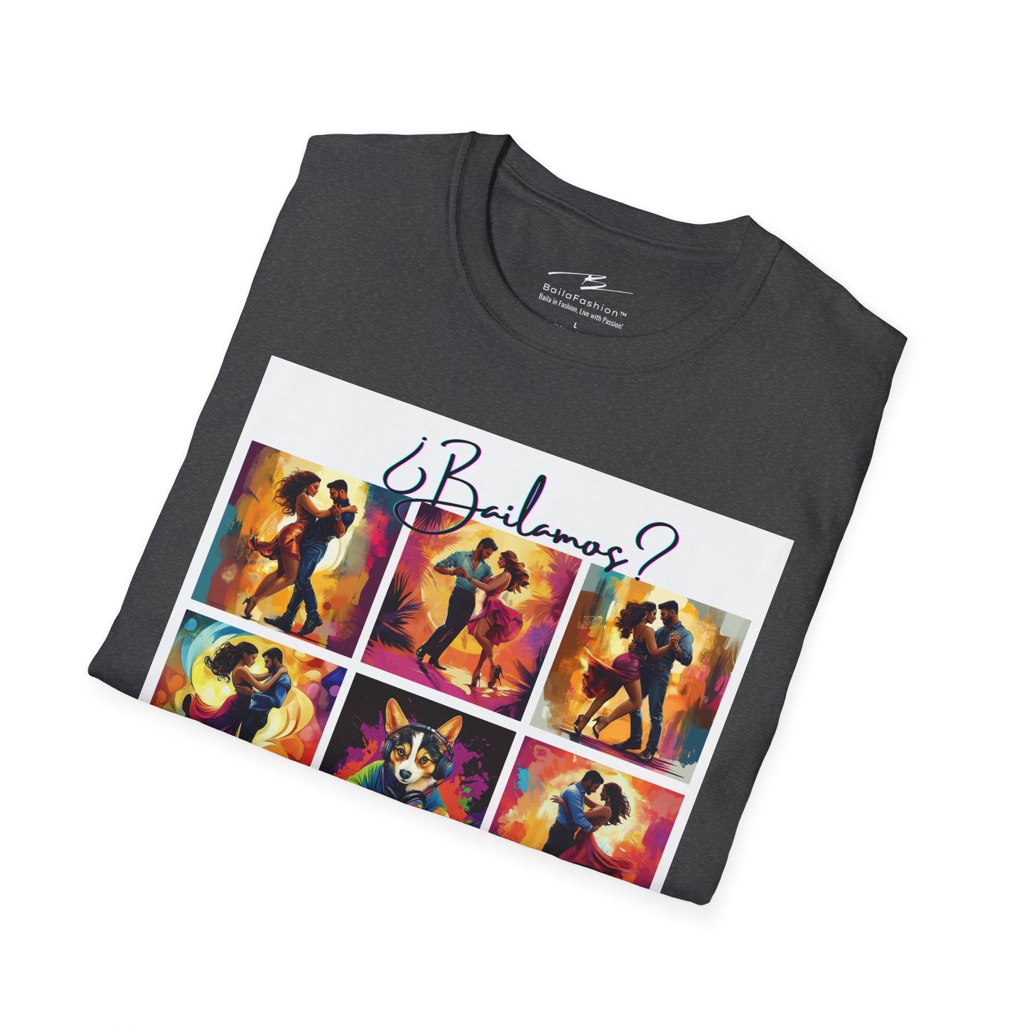 Bailamos? Latin Dance Collage T-Shirt | DJ Dog Salsa Bachata Scenes | Vibrant Dance Art | BailaFashion Streetwear | Dance Practice Tee